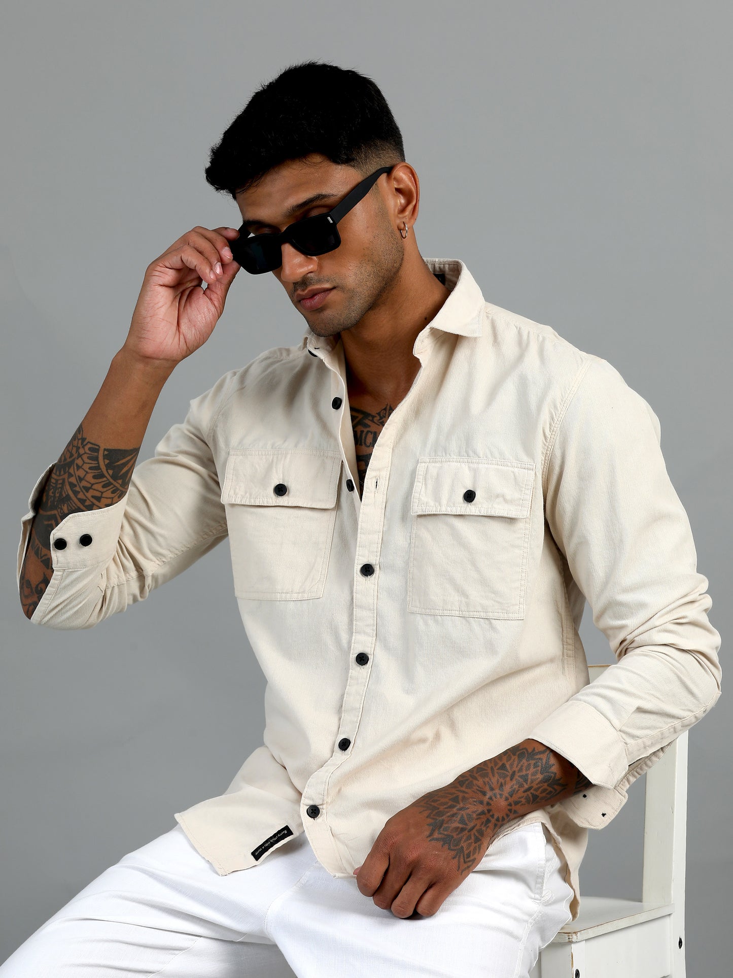 Vancouver Premium Cotton Cream Corduroy Double Pocket Shirt