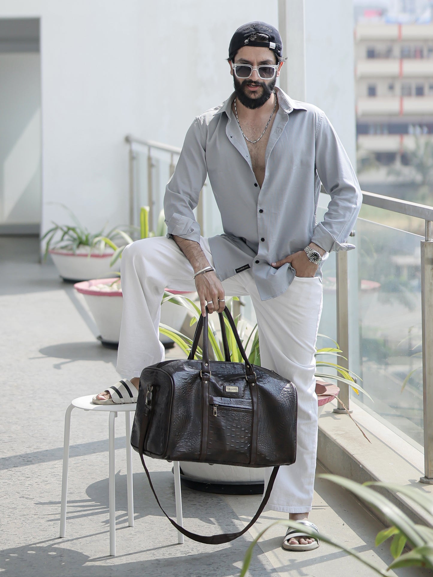 Solid Grey Spread Collar Shirt for Men