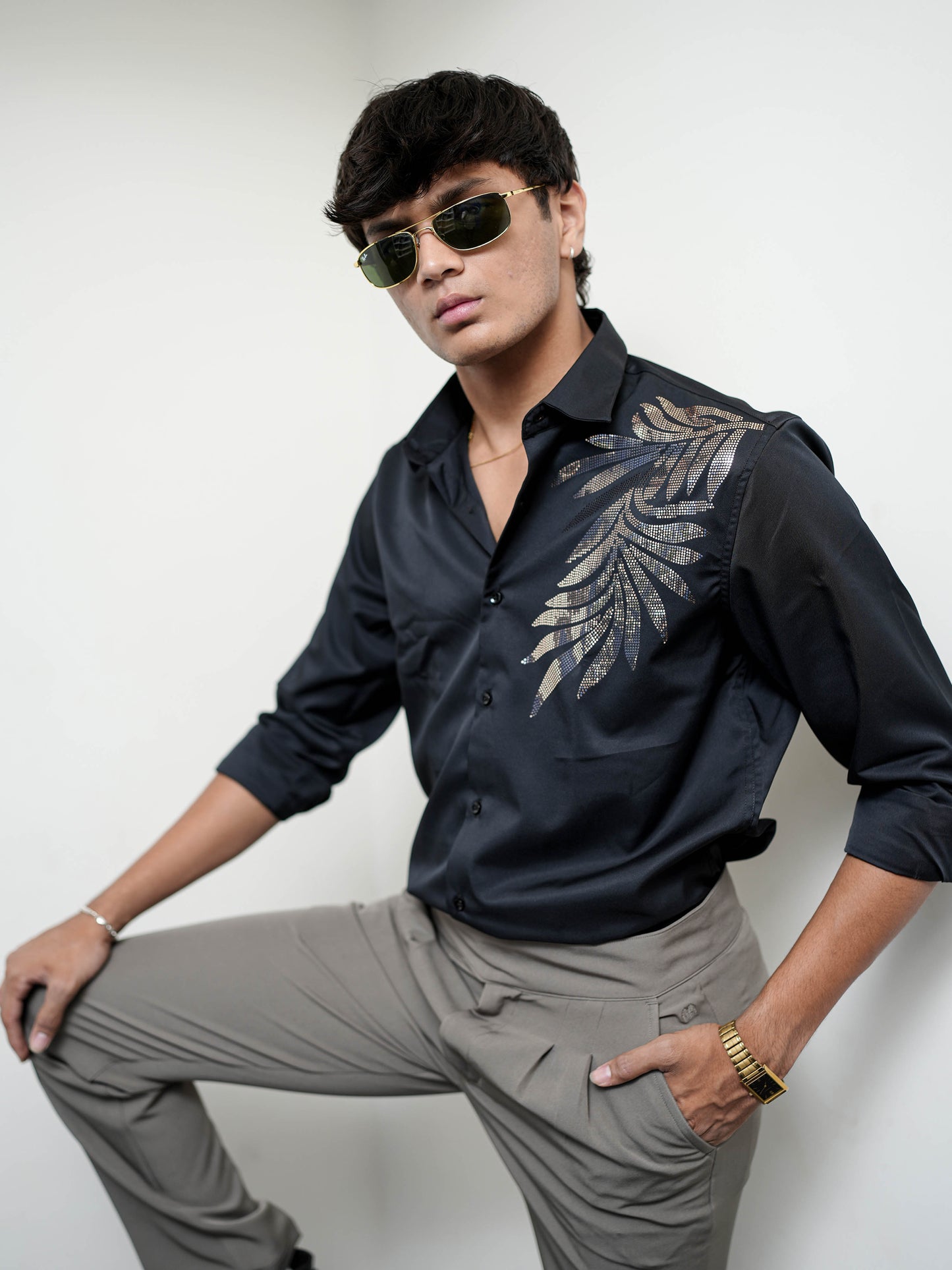 Black Printed Solid Shirt for Men
