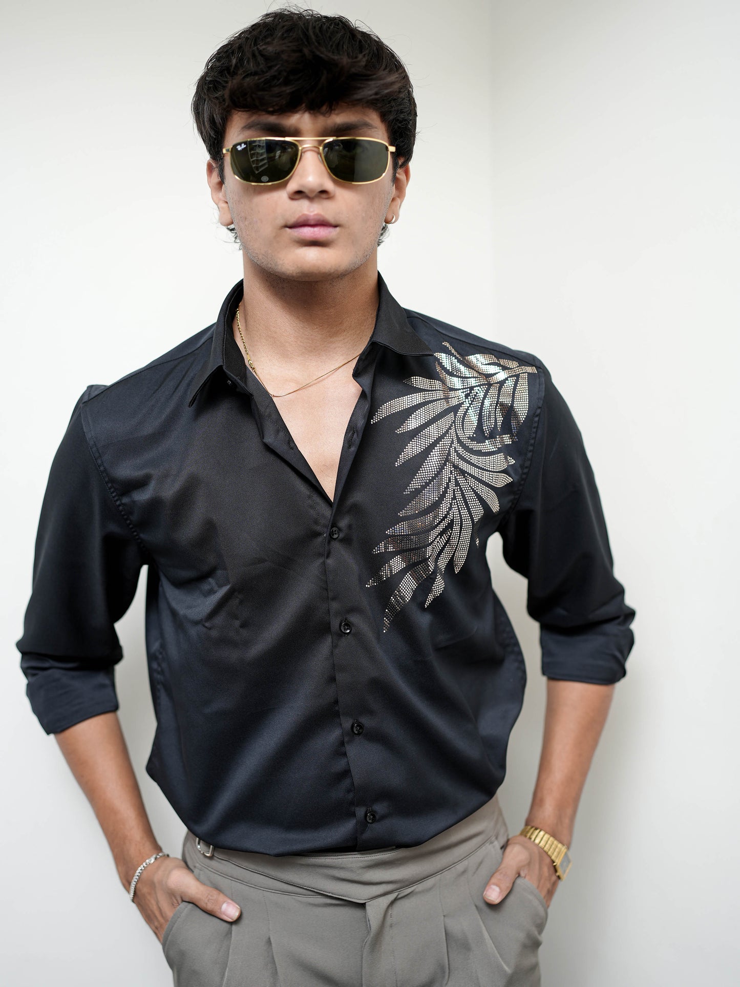 Black Printed Solid Shirt for Men