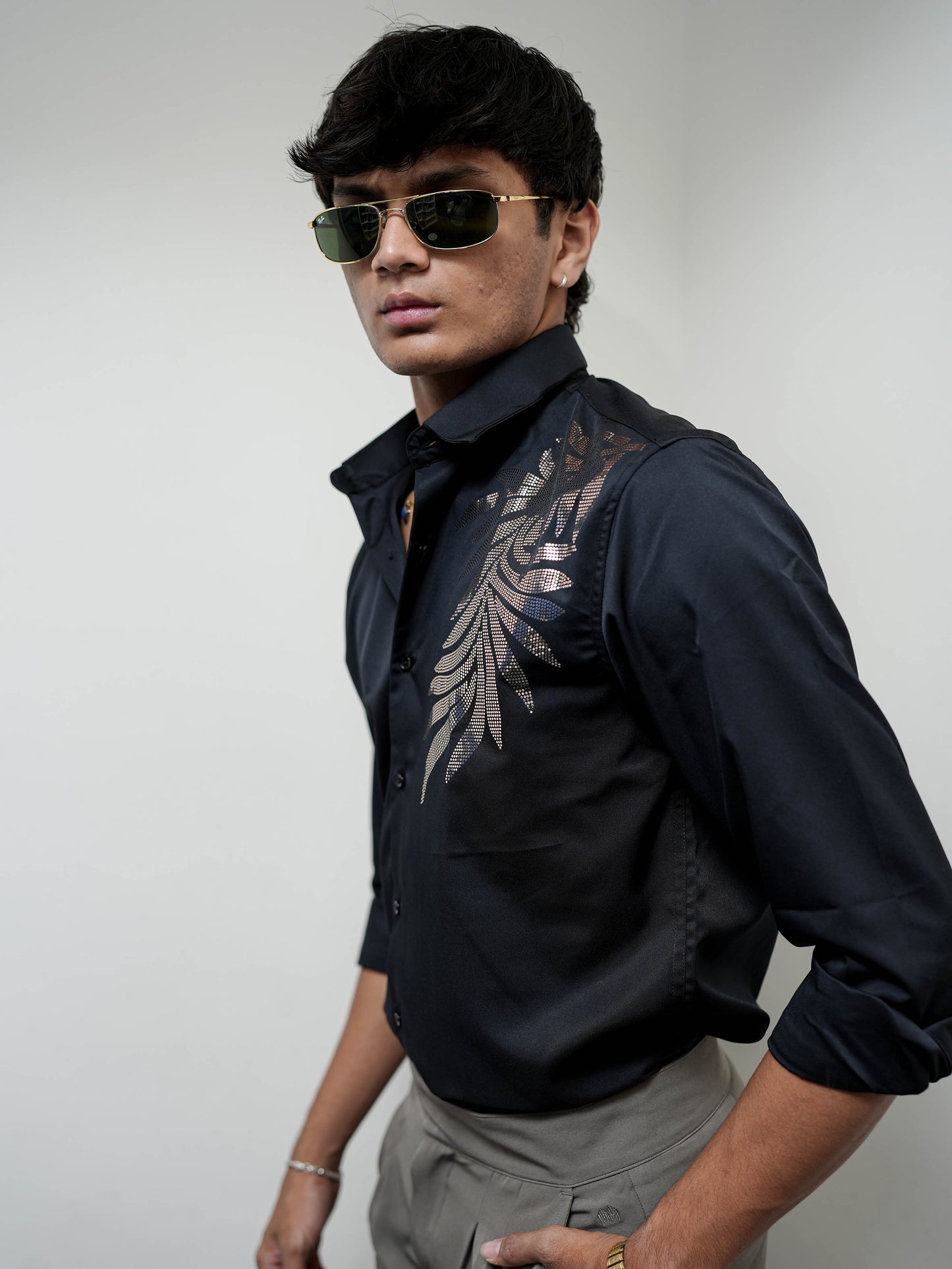 Black Printed Solid Shirt for Men