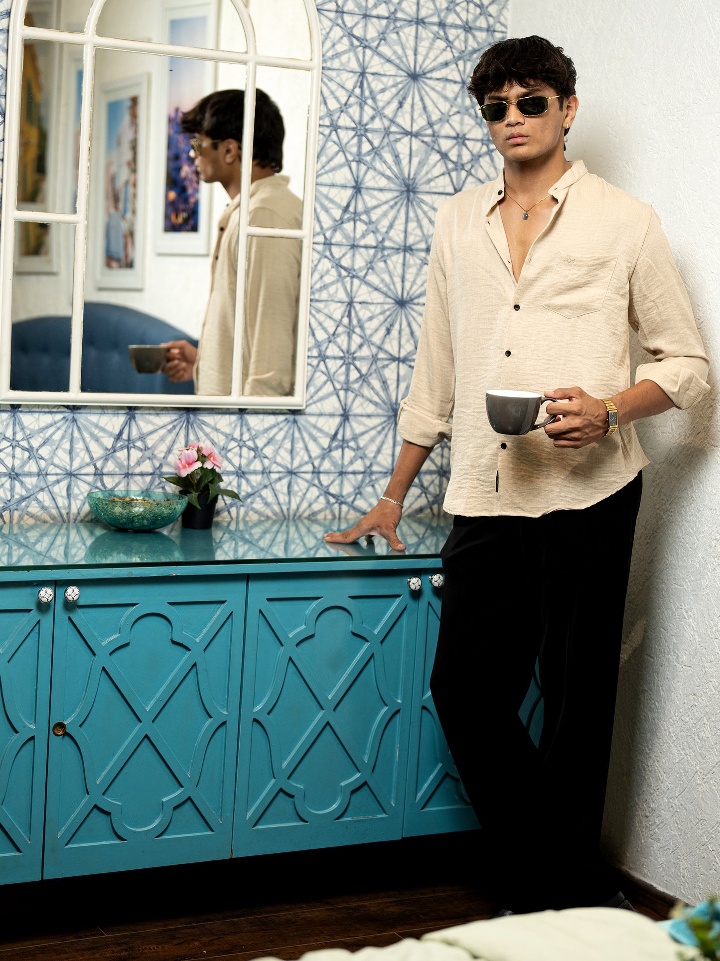 Beige Solid Shirt for Men