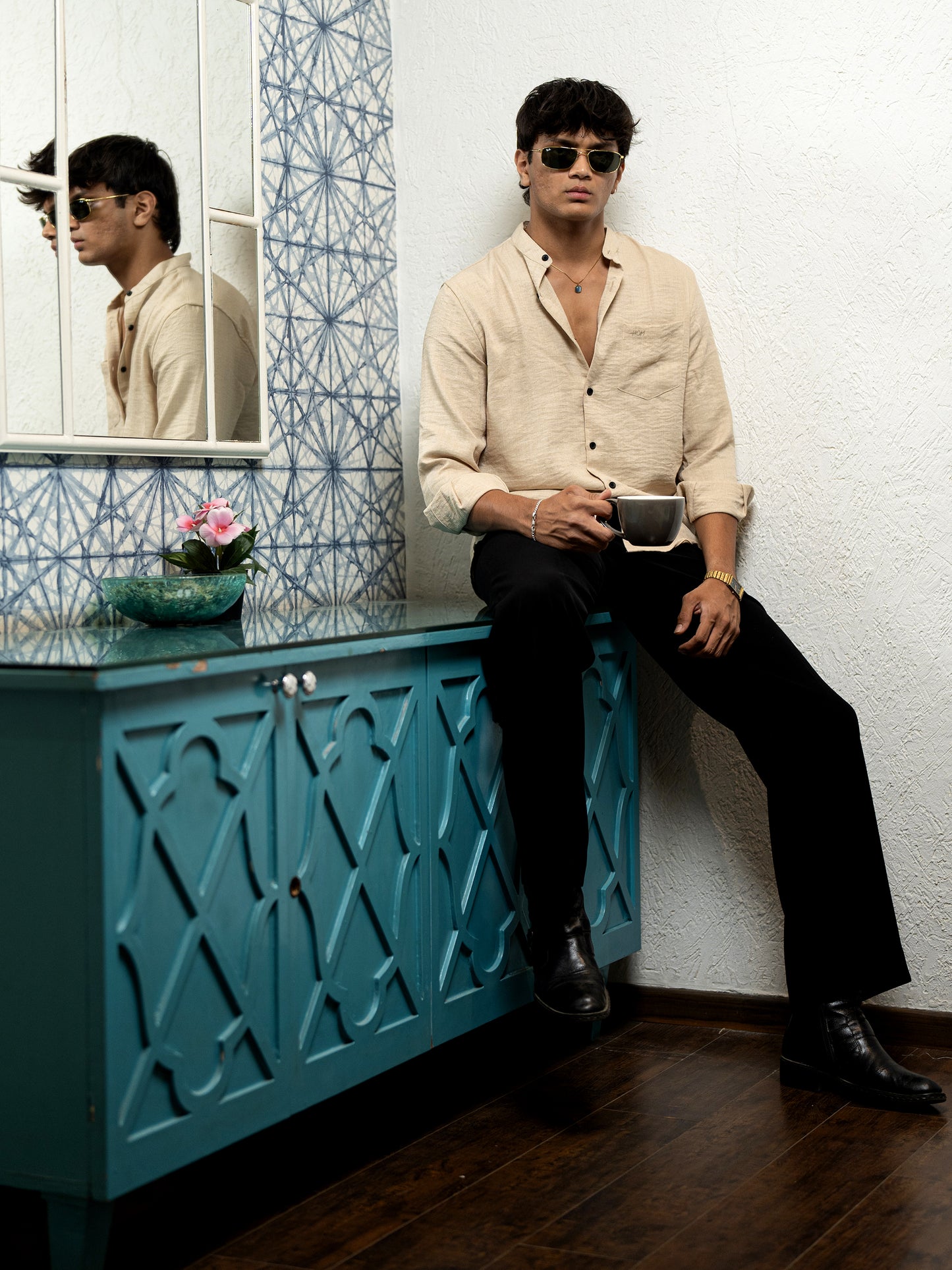 Beige Solid Shirt for Men