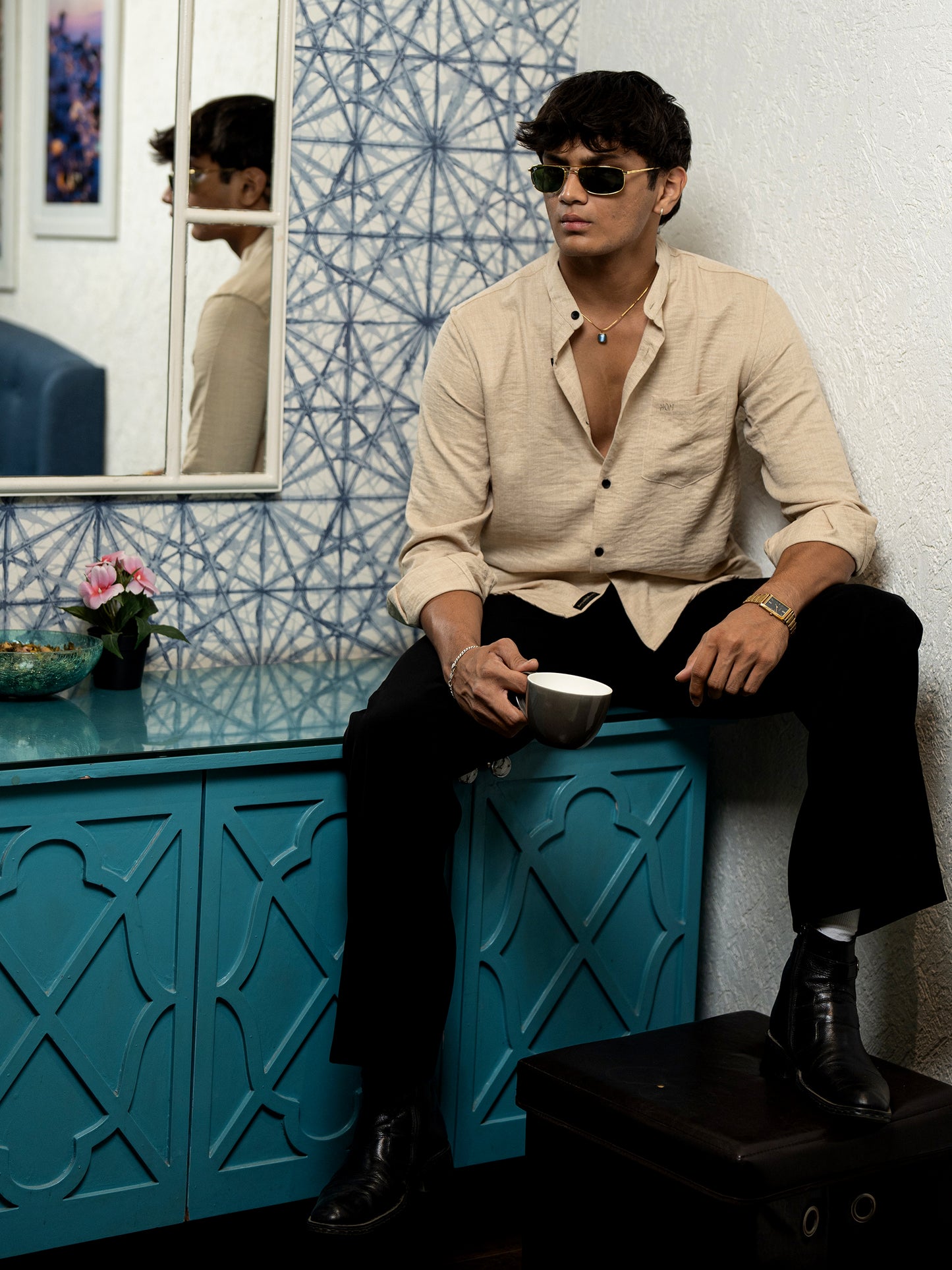 Beige Solid Shirt for Men