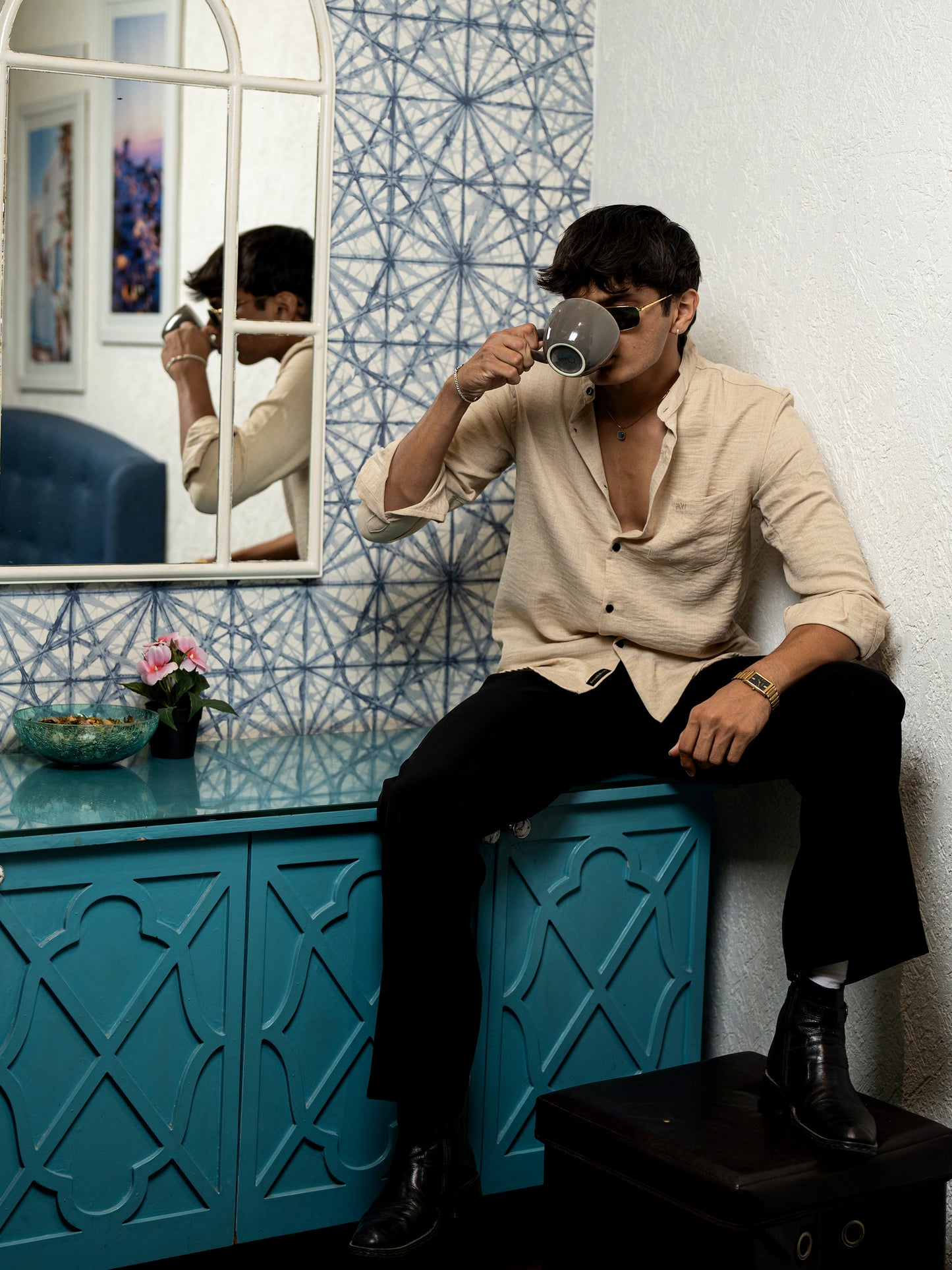 Beige Solid Shirt for Men