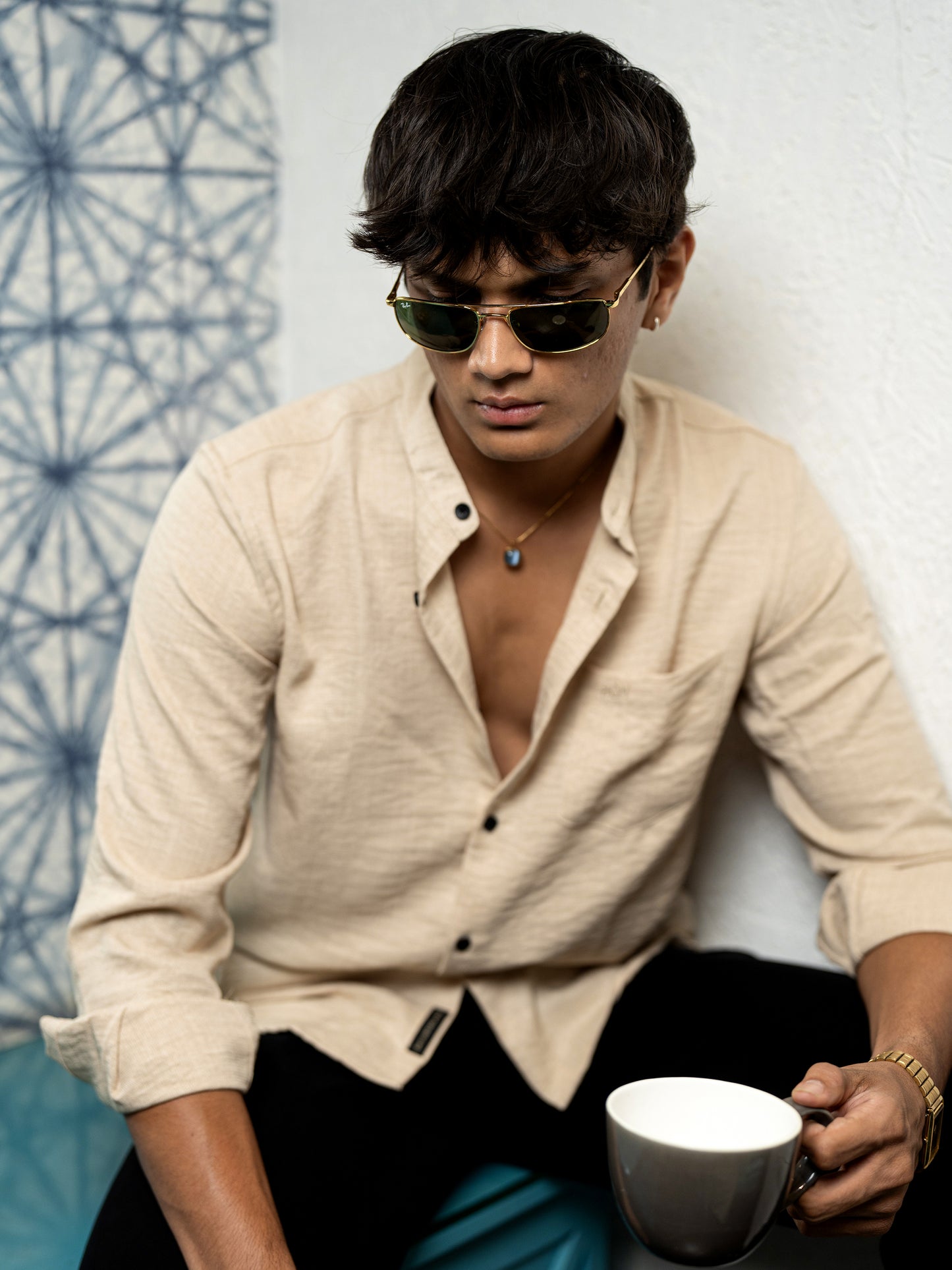 Beige Solid Shirt for Men
