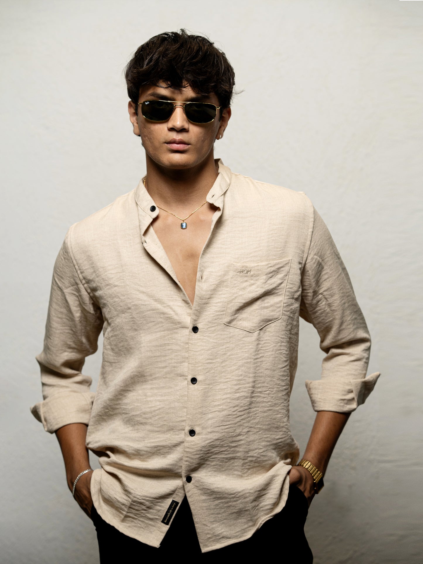 Beige Solid Shirt for Men