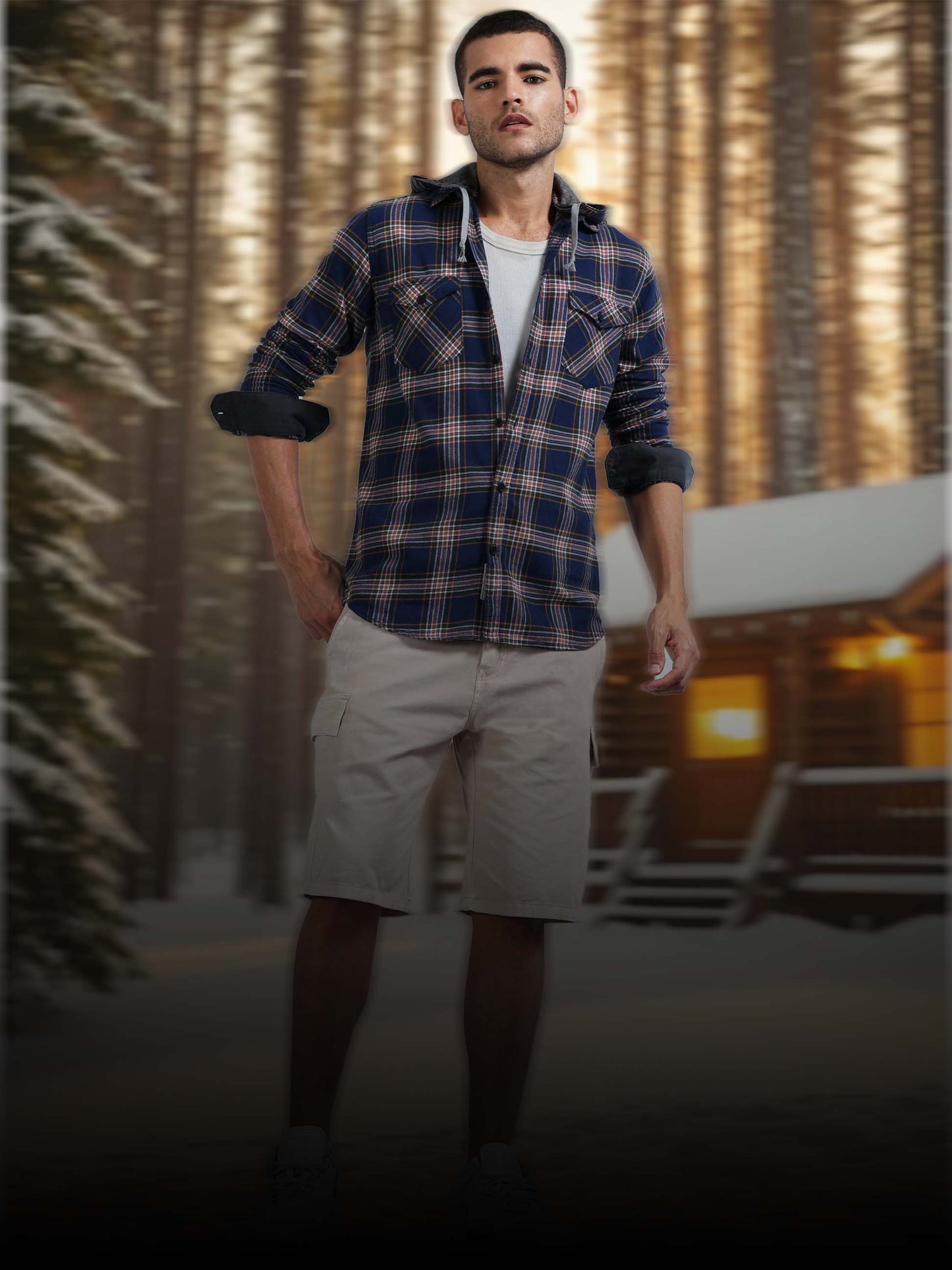 Freetown Navy Check Hoodie Shirt