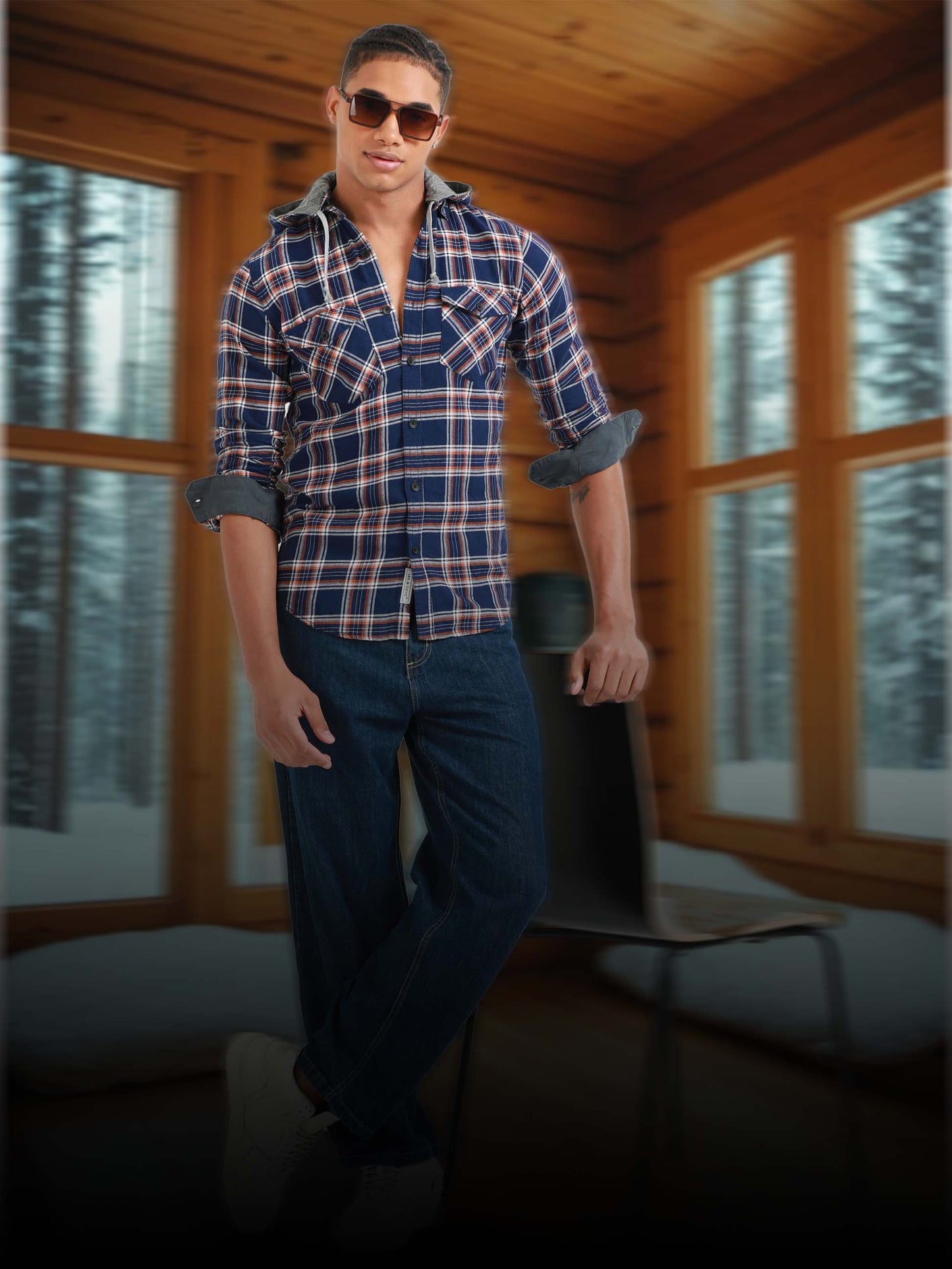 Freetown Nile Blue & Red Checks Hoodie