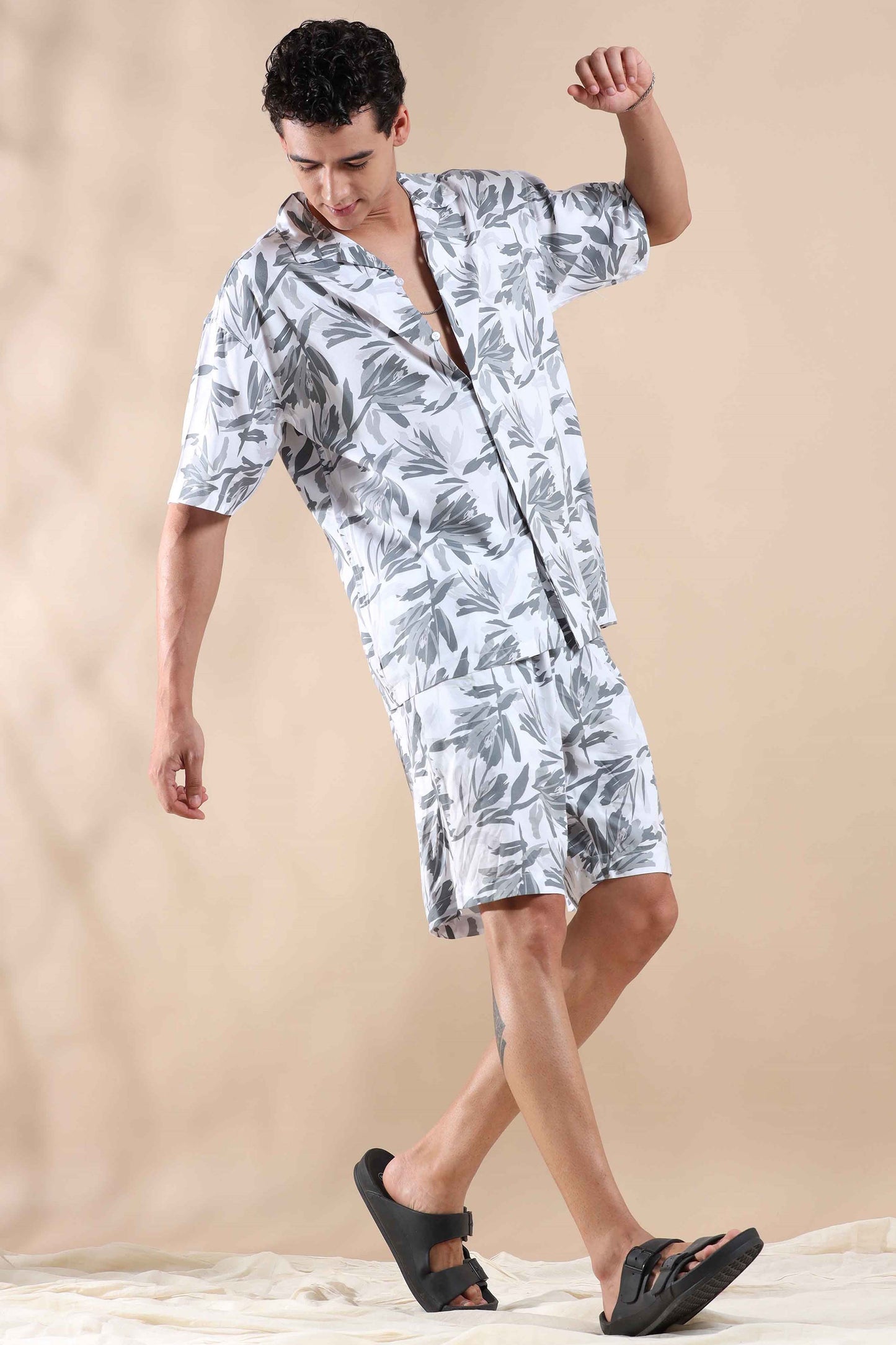 White and Grey Luxe Rayon Co Ords Sets Mens