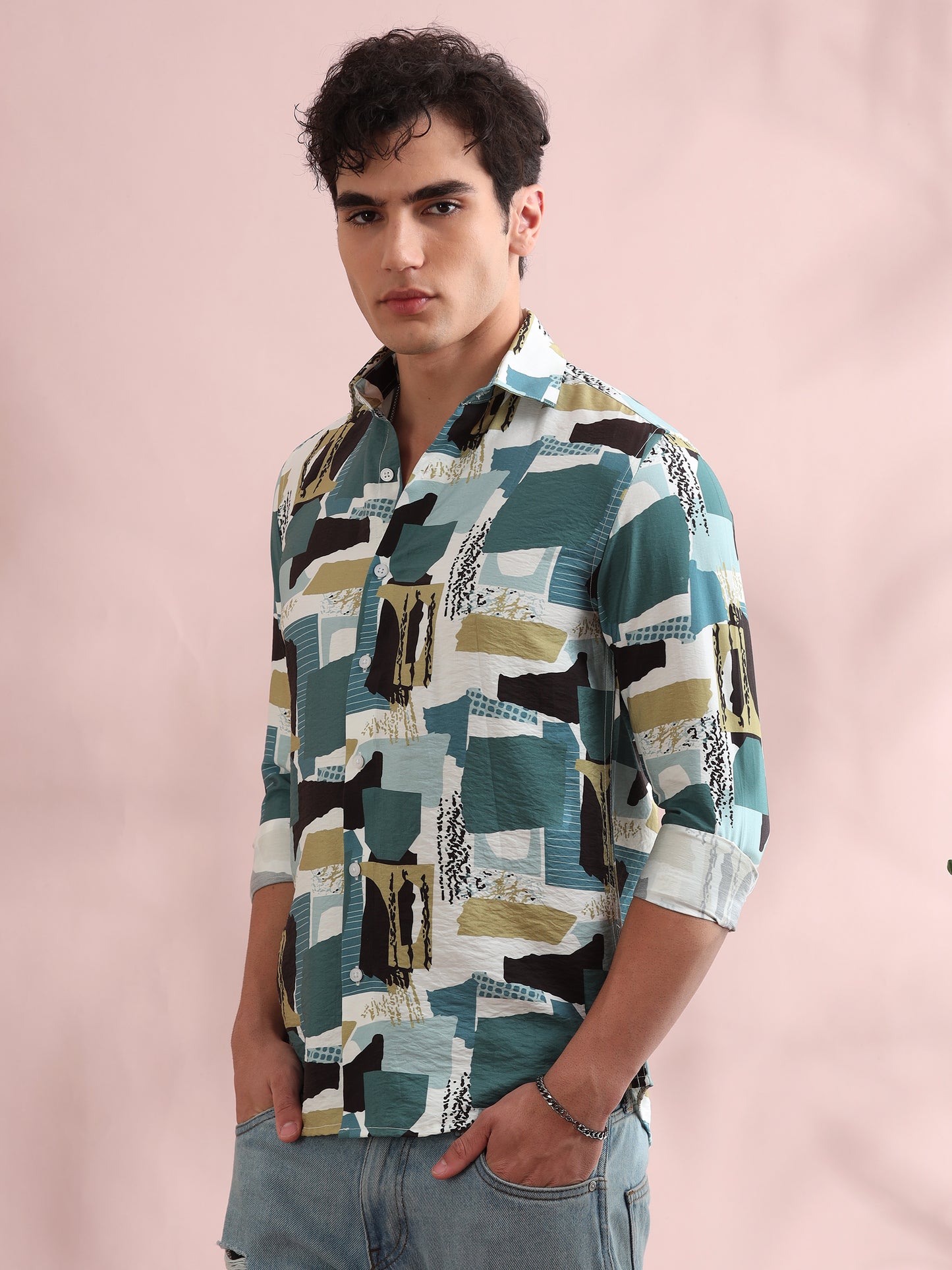 Santiago Teal Green Patches Printed Shirt