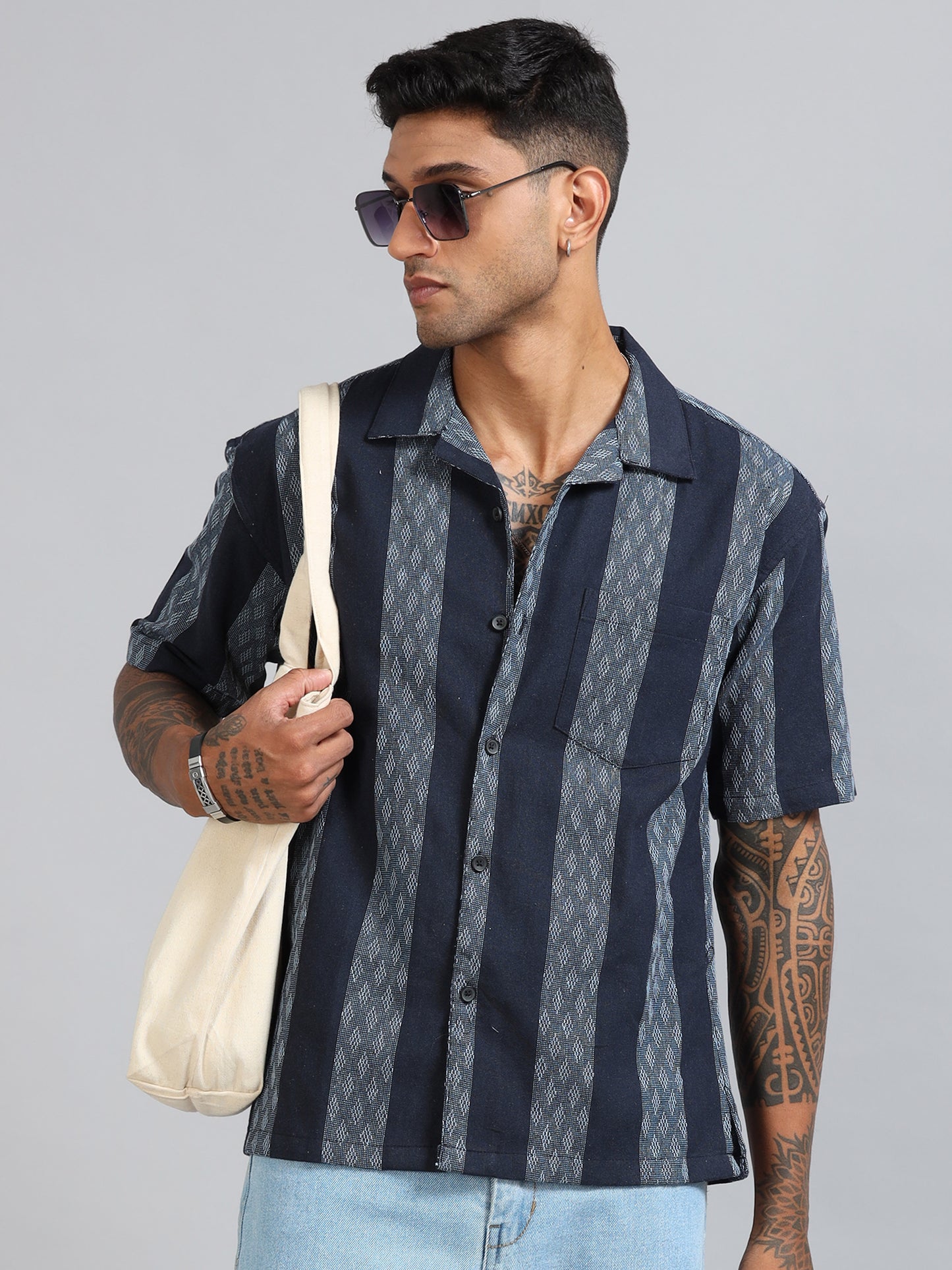 Michigan Navy Winter Dobby Oversized Stripe Shirt