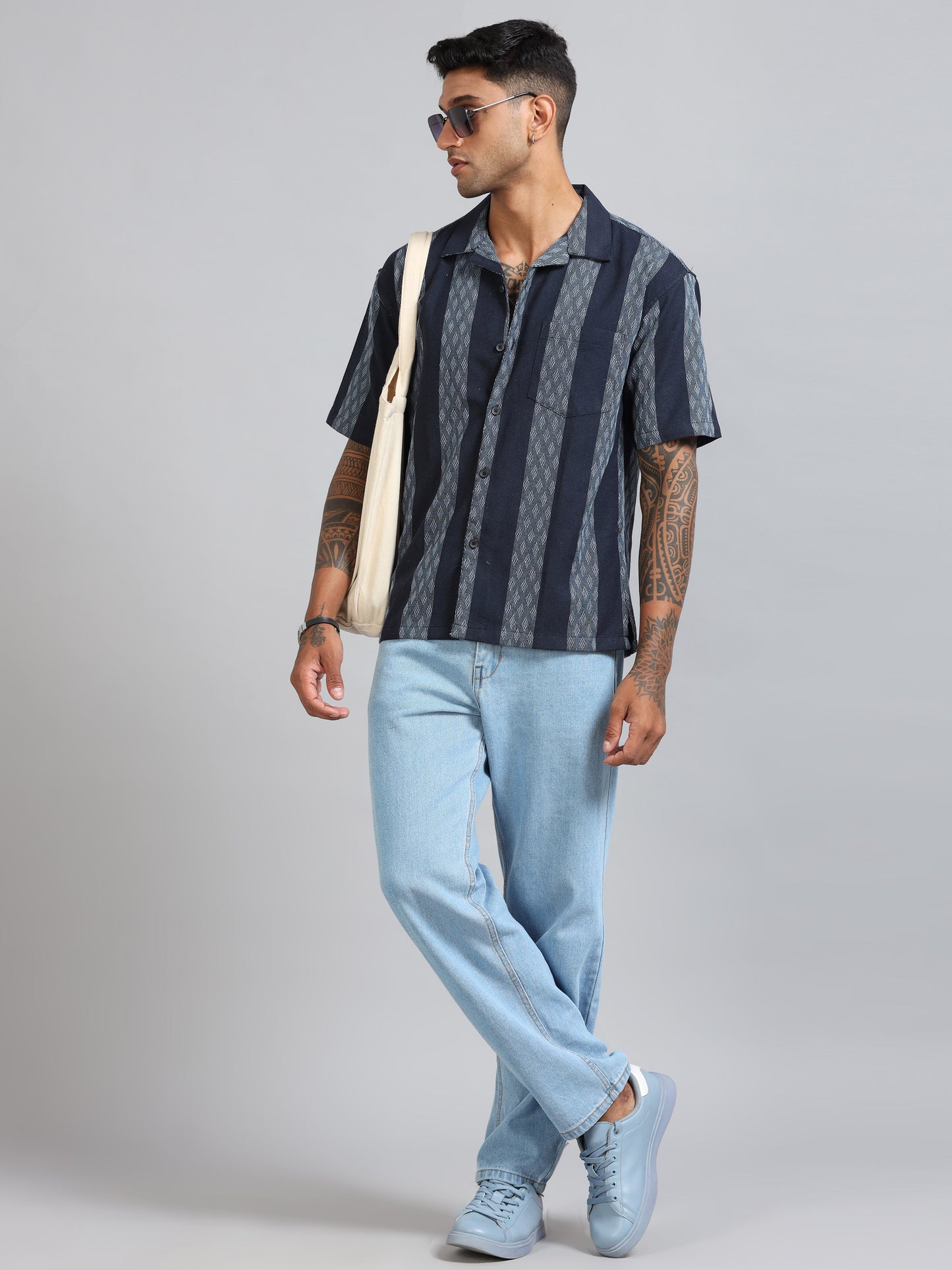 Michigan Navy Winter Dobby Oversized Stripe Shirt