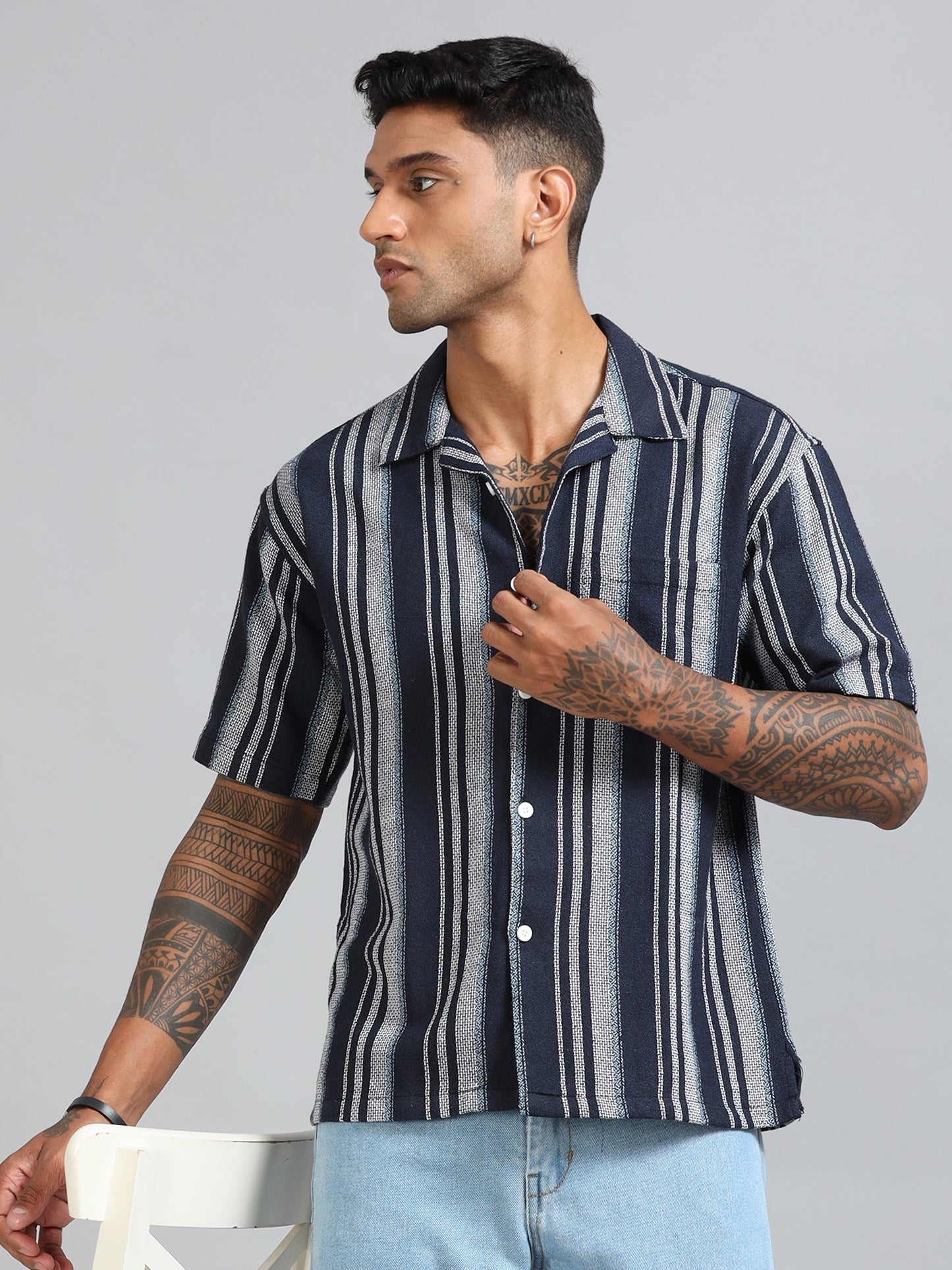 Michigan Marine Blue Oversized Stripe Shirt