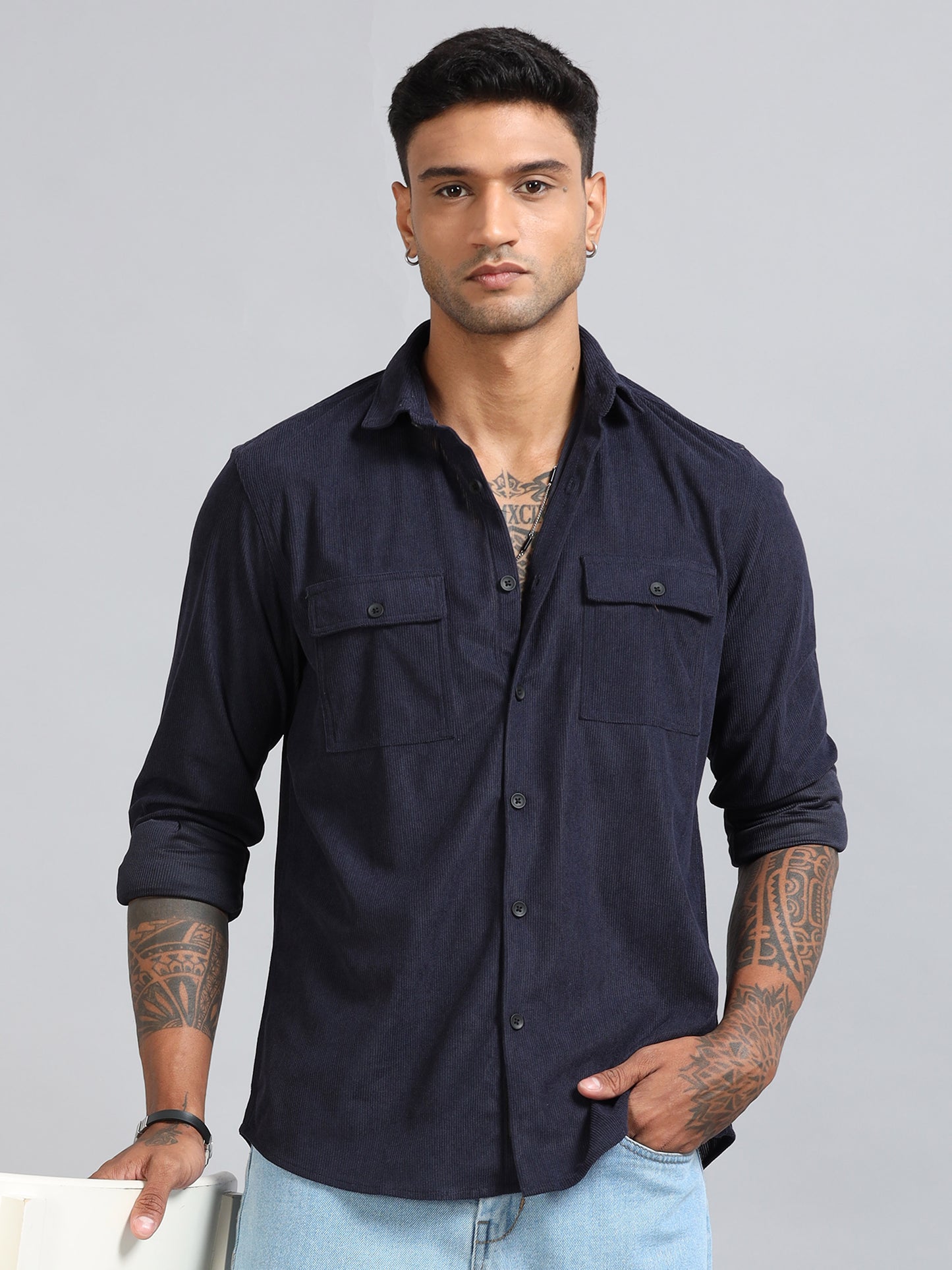Basel Navy Corduroy Double Pocket Shirt