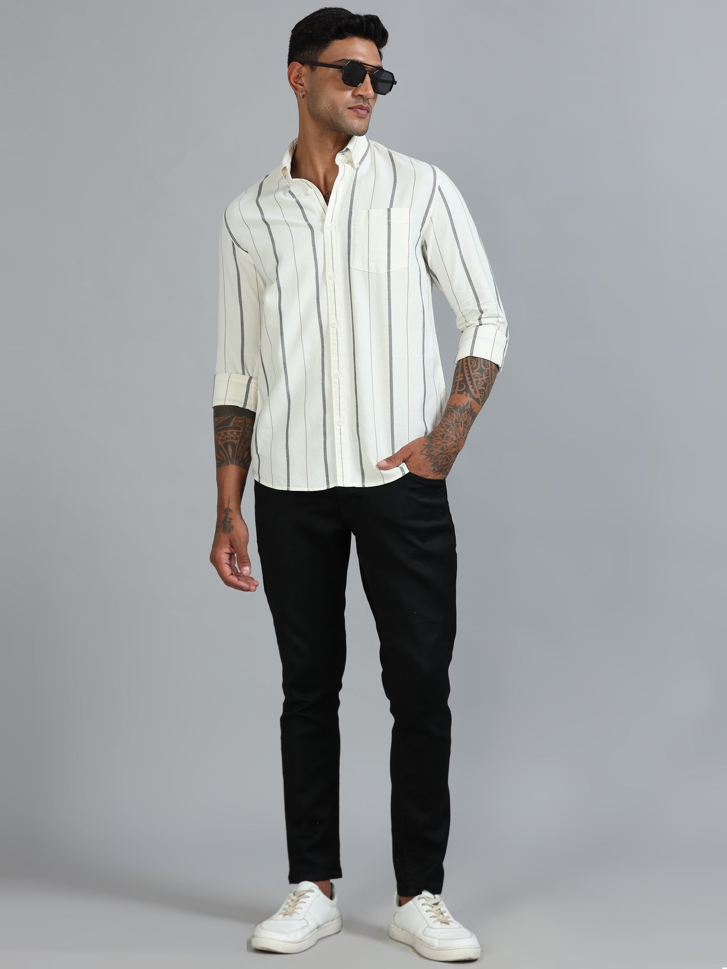 Gandia Milk White Plus Size Stripes Shirt