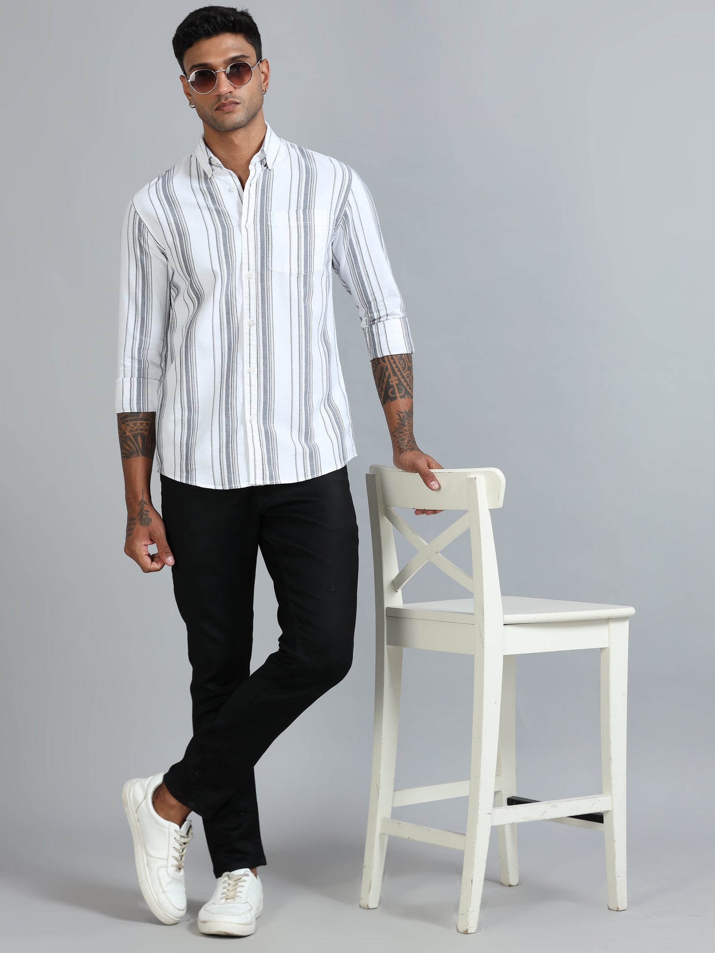 Gandia White & Grey Plus Size Stripes Shirt