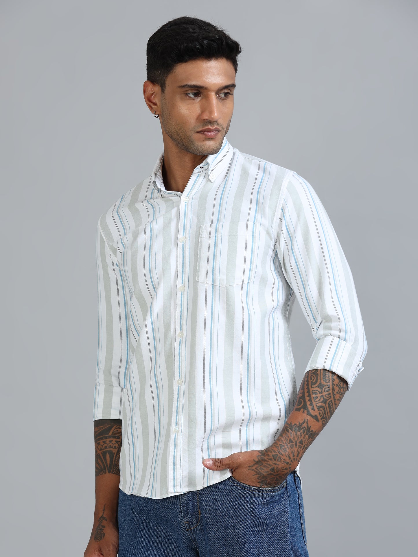 Gandia Mint Cream Plus Size Stripes Shirt