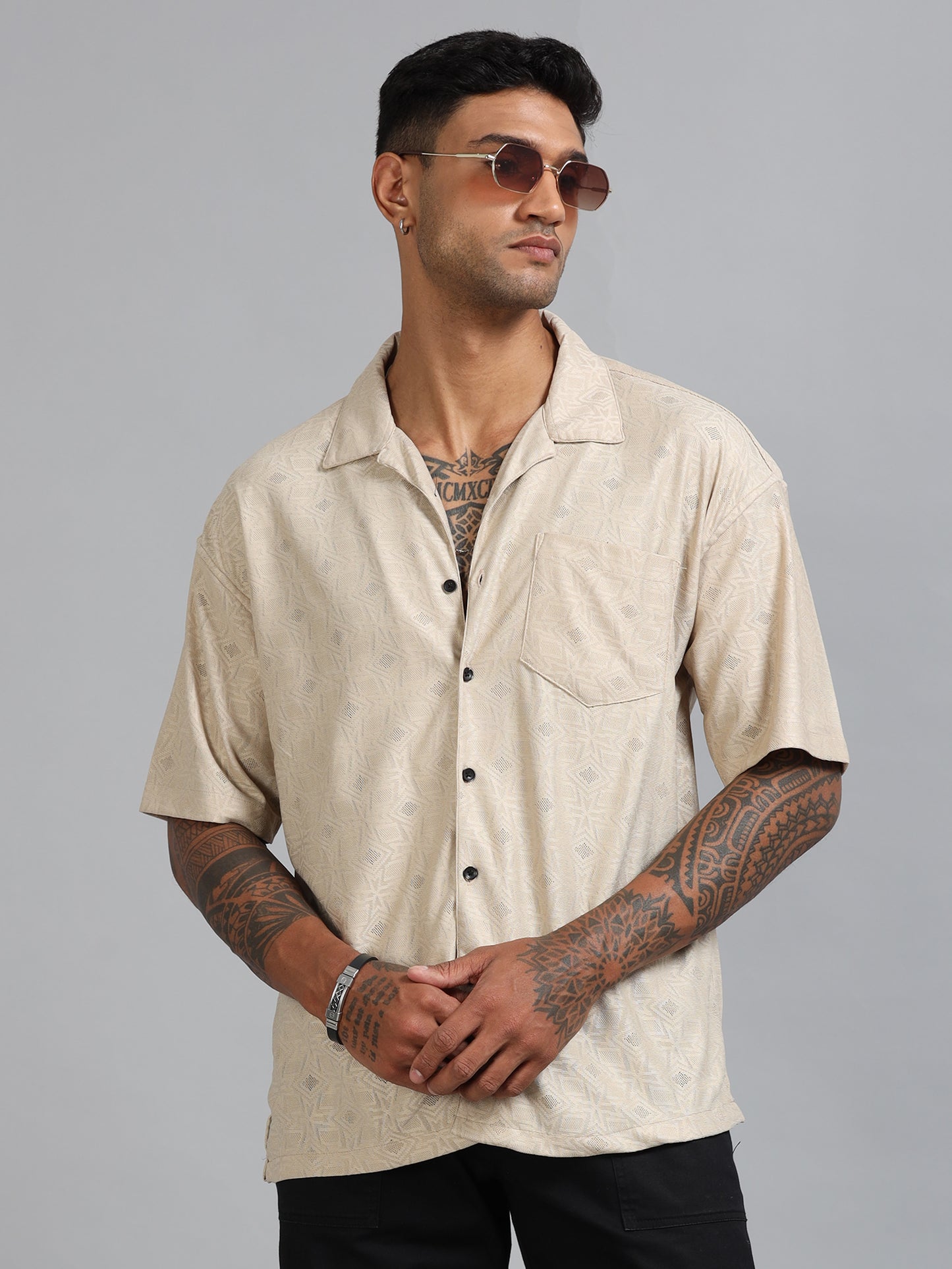 Jack Beige Luster Oversized Printed Shirt