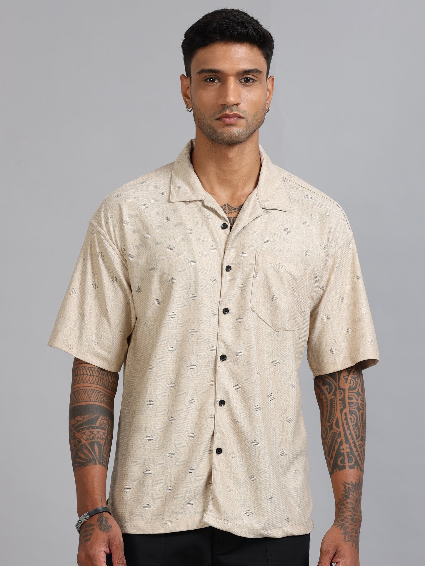 Jack Beige Luster Oversized Printed Shirt