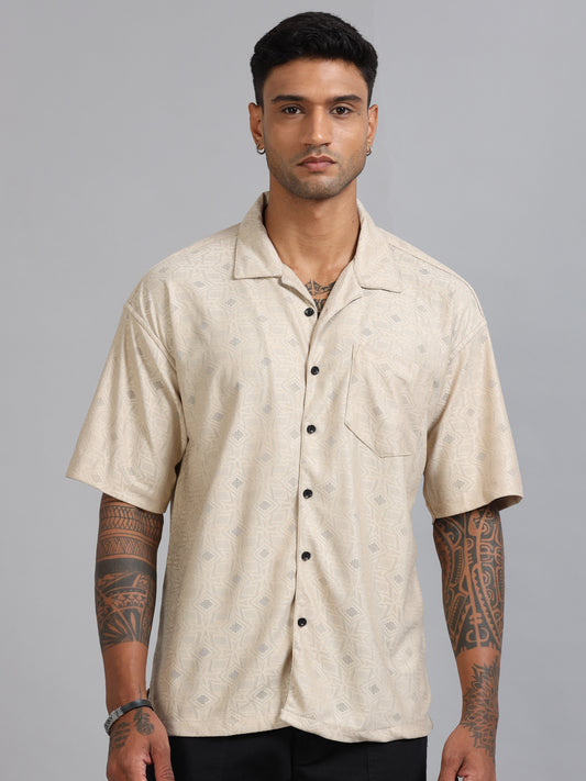 Jack Beige Luster Oversized Printed Shirt