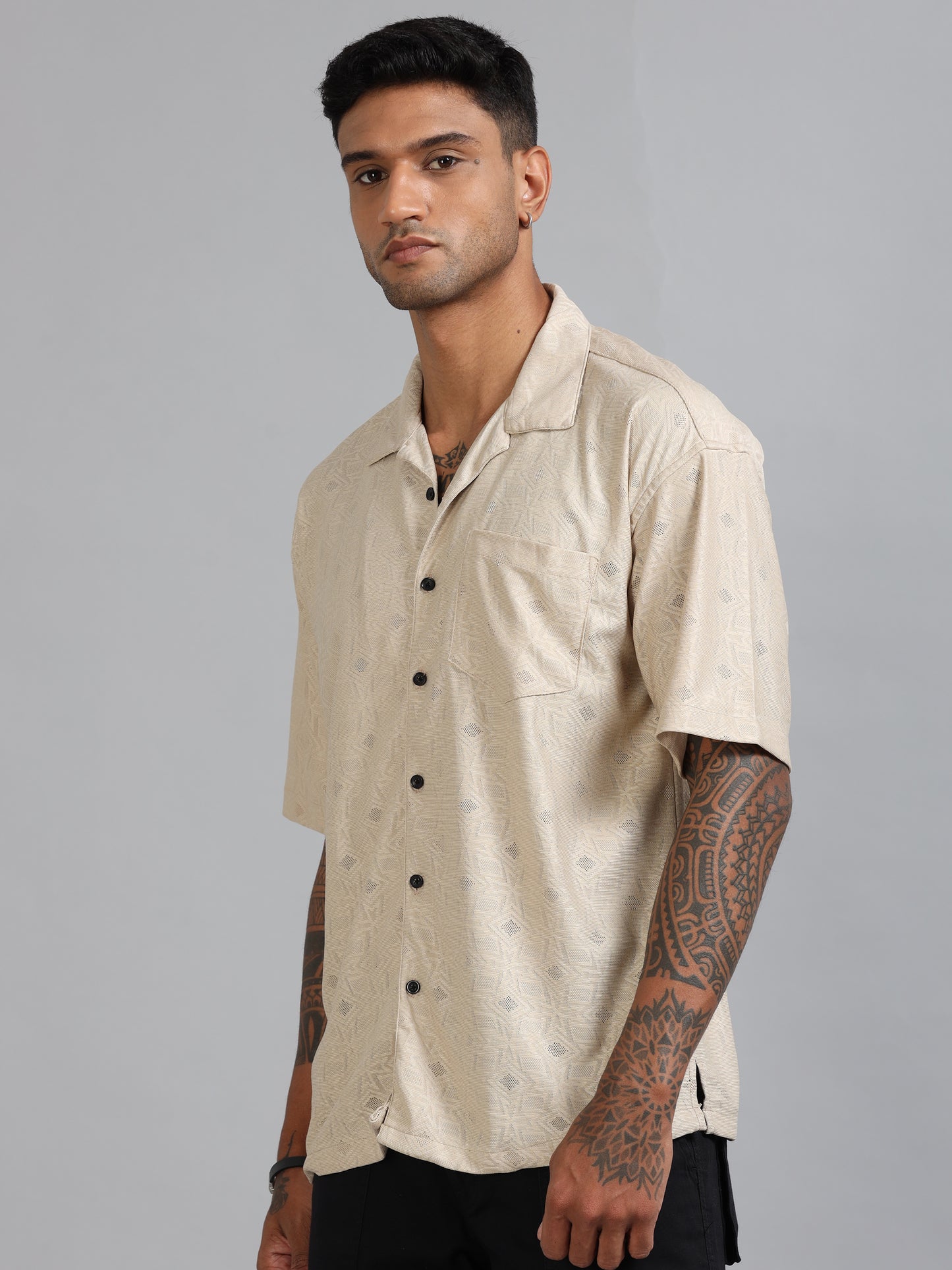 Jack Beige Luster Oversized Printed Shirt