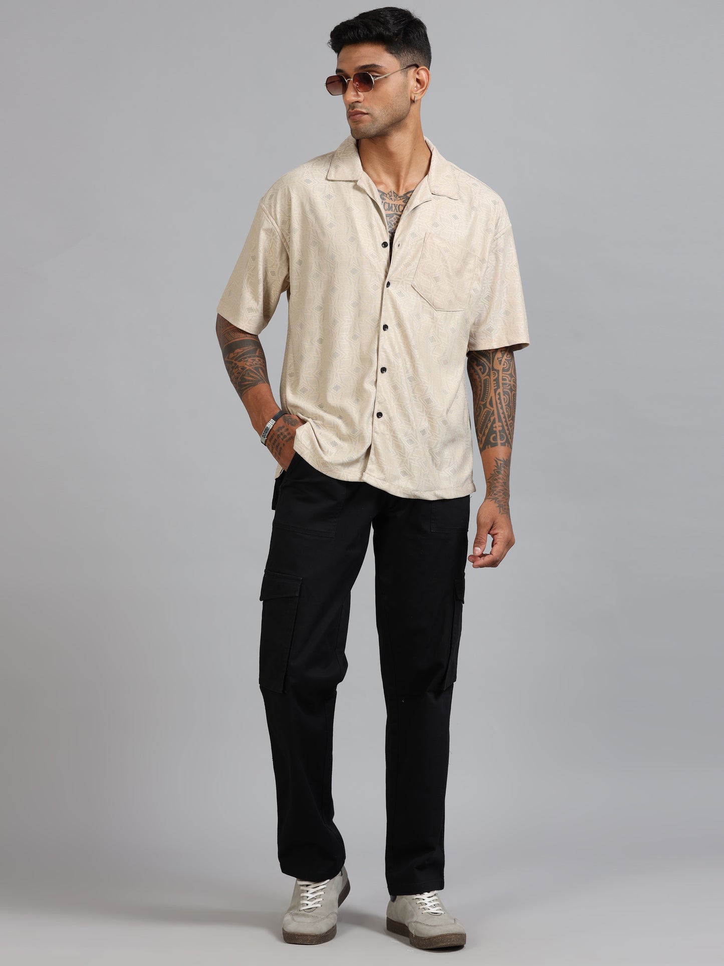 Jack Beige Luster Oversized Printed Shirt