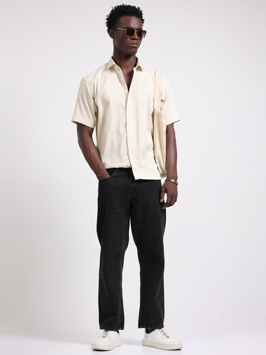 Cream textured Solid Shirt for men
