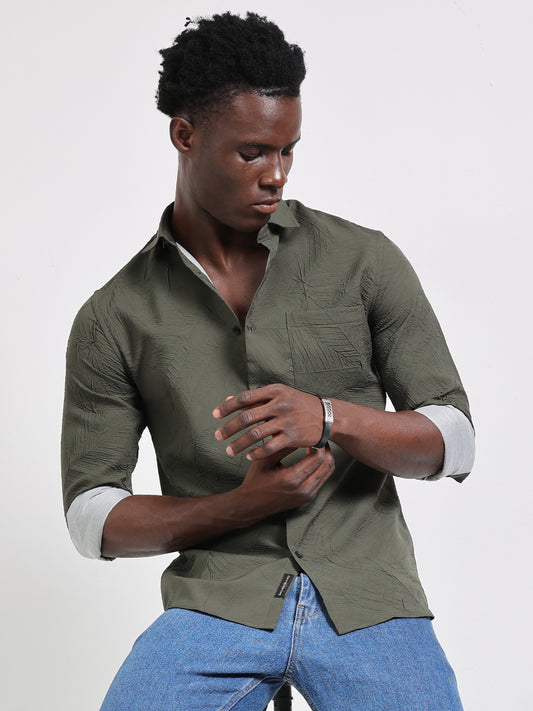 Green textured Solid Shirt for men