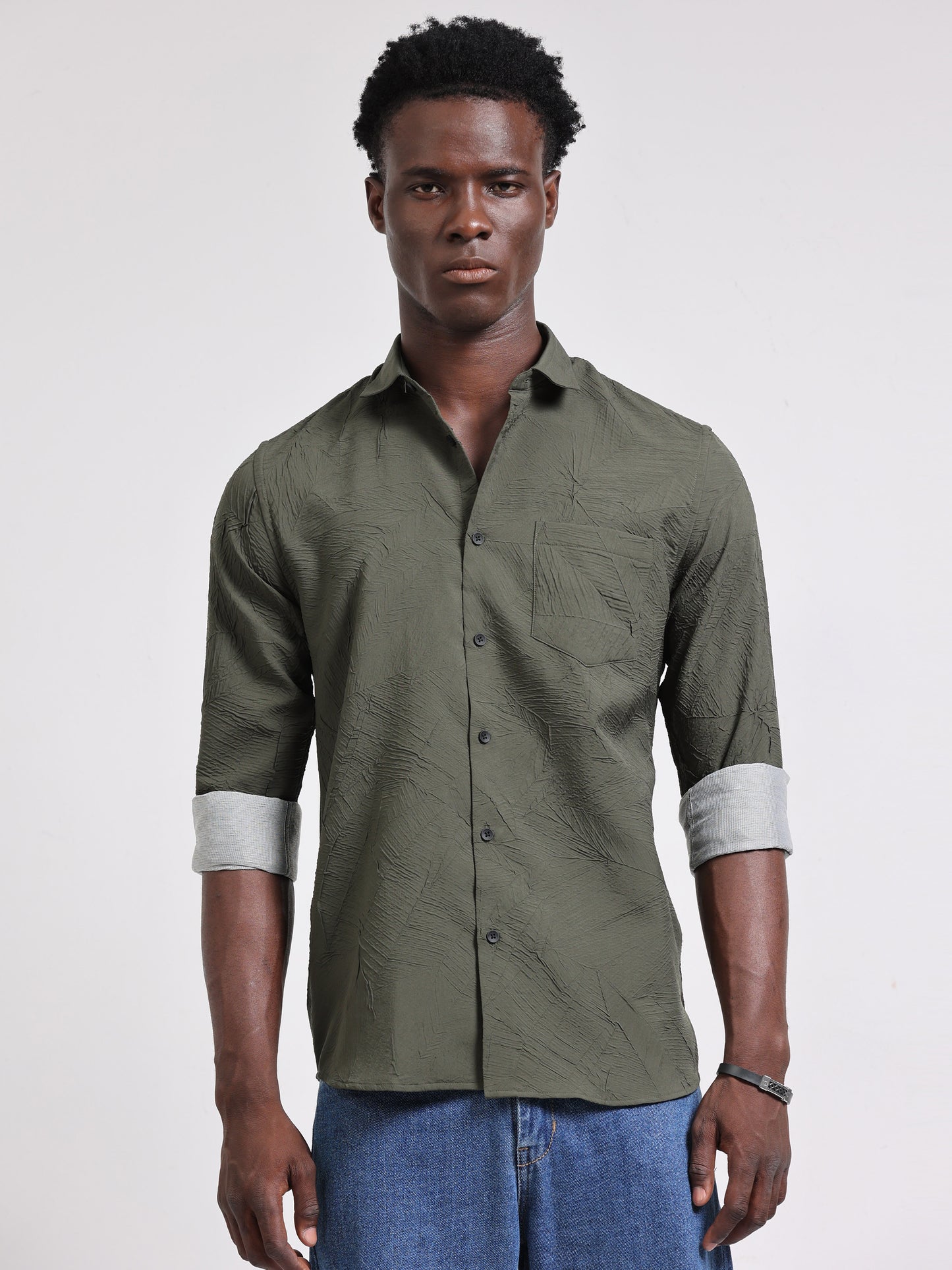 Green textured Solid Shirt for men