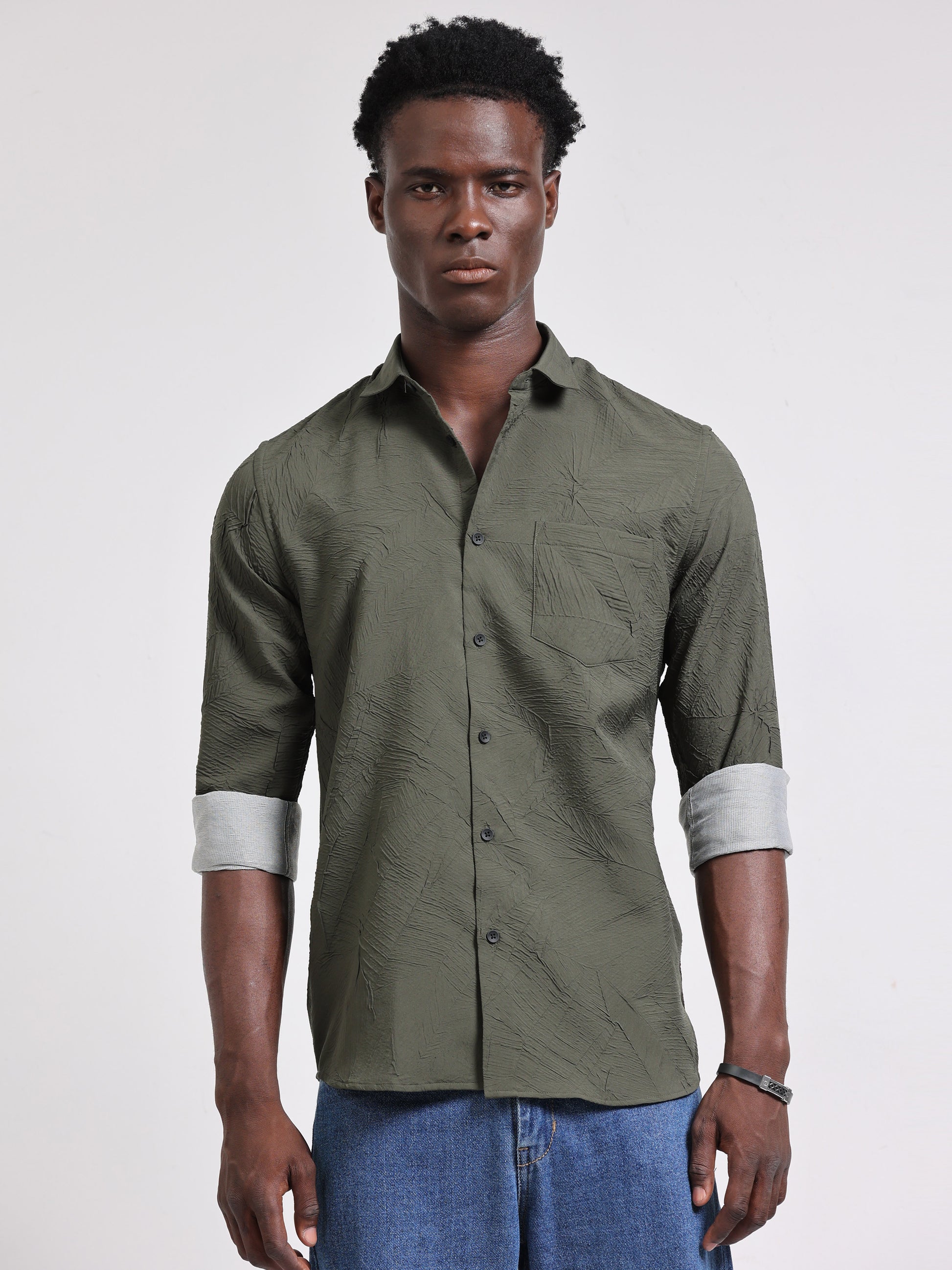Green textured Solid Shirt for men