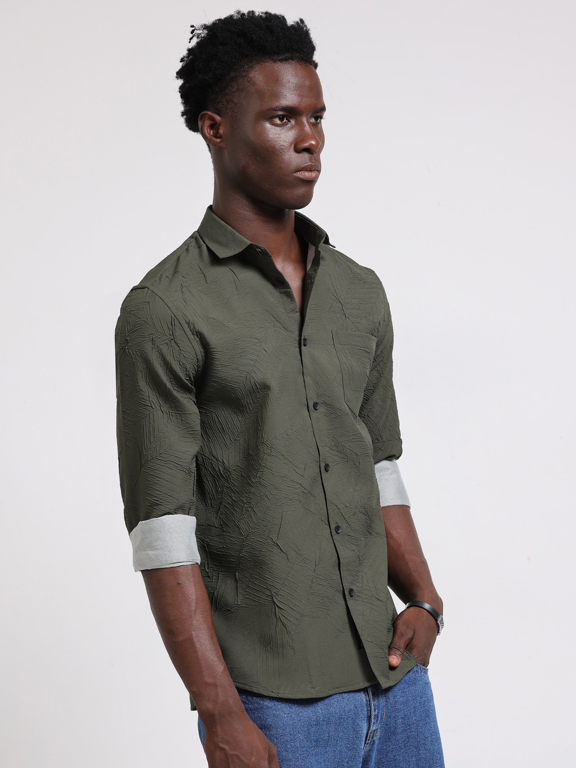 Green textured Solid Shirt for men