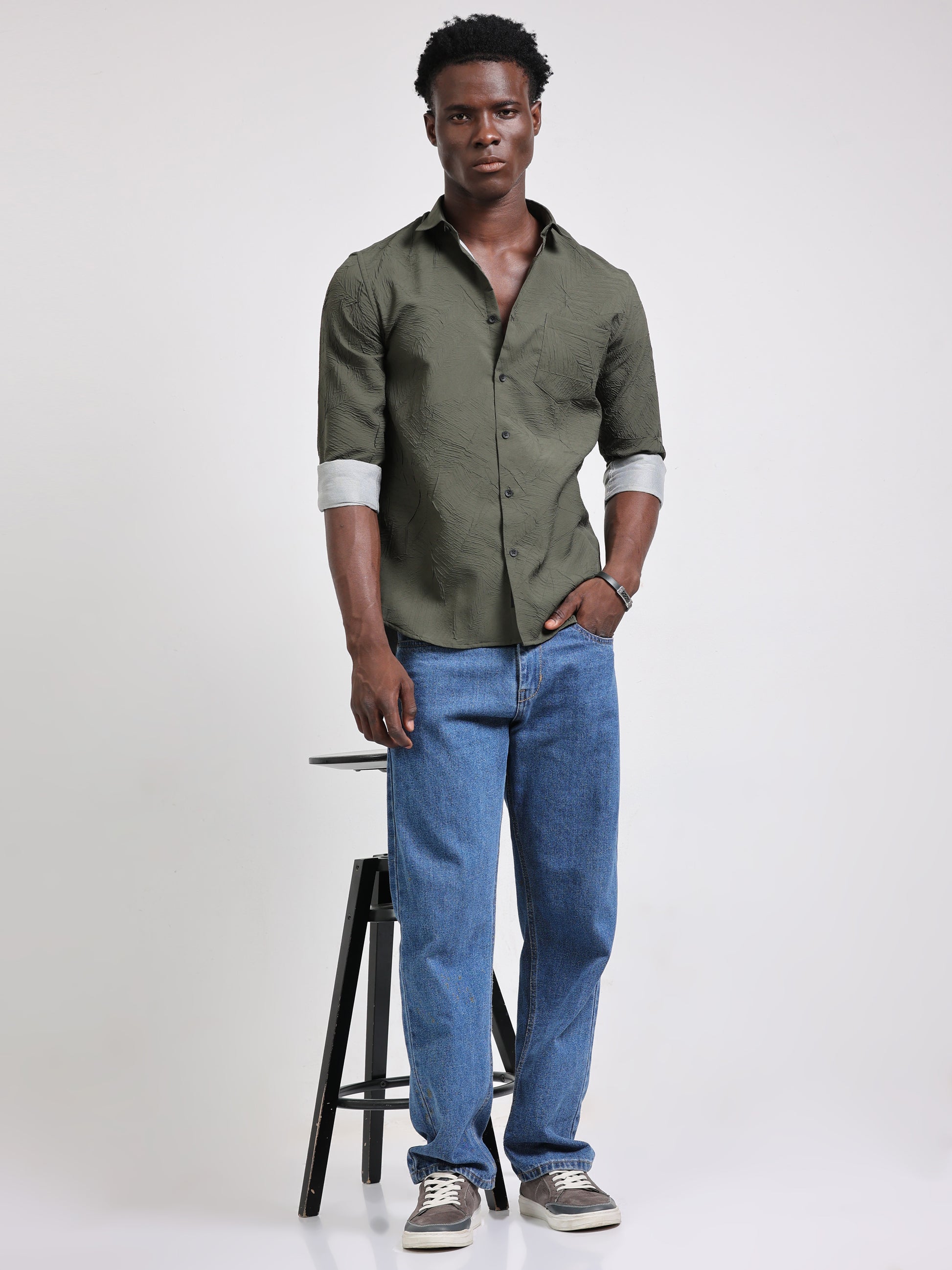 Green textured Solid Shirt for men