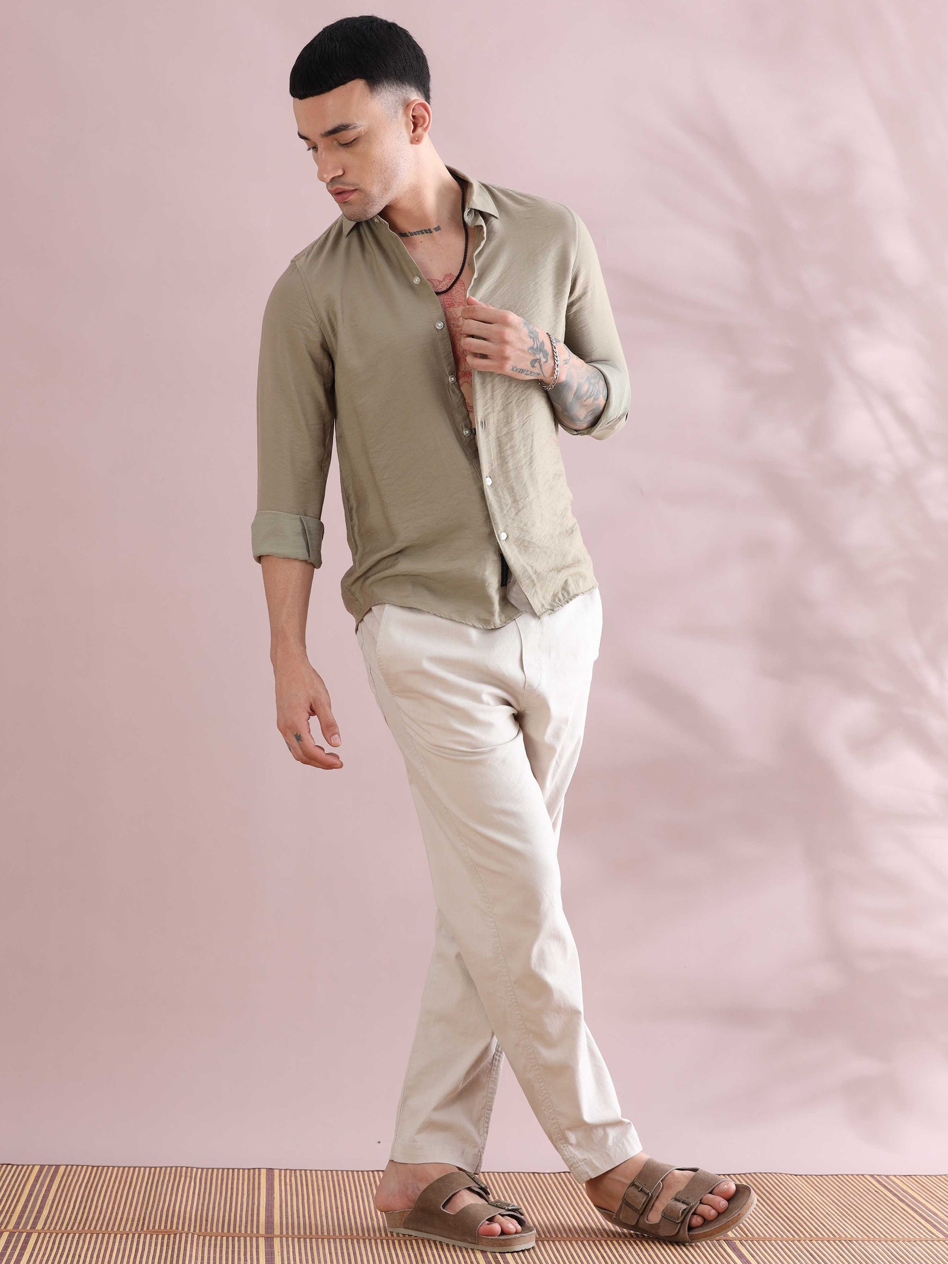 Green Imported Regular Fit Crush Solid Shirt