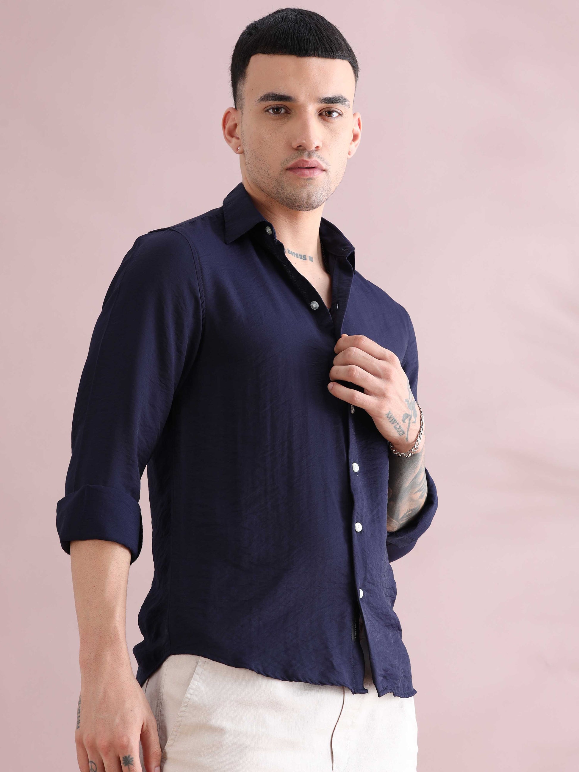 Navy Blue Solid Long Sleeve Crush Shirt