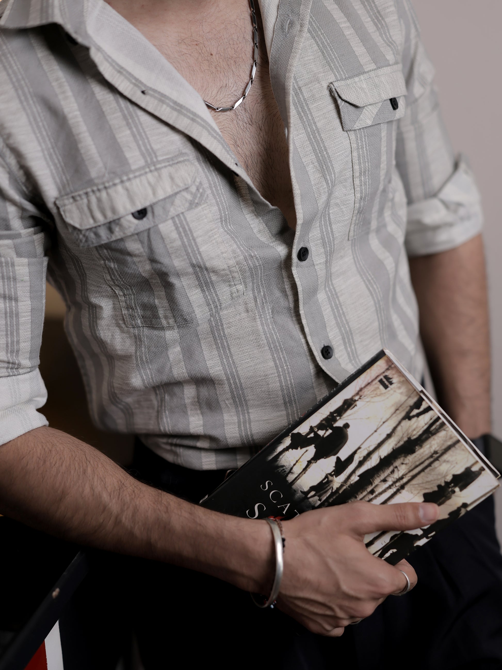 Grey Stripe double pocket Shirt for Men