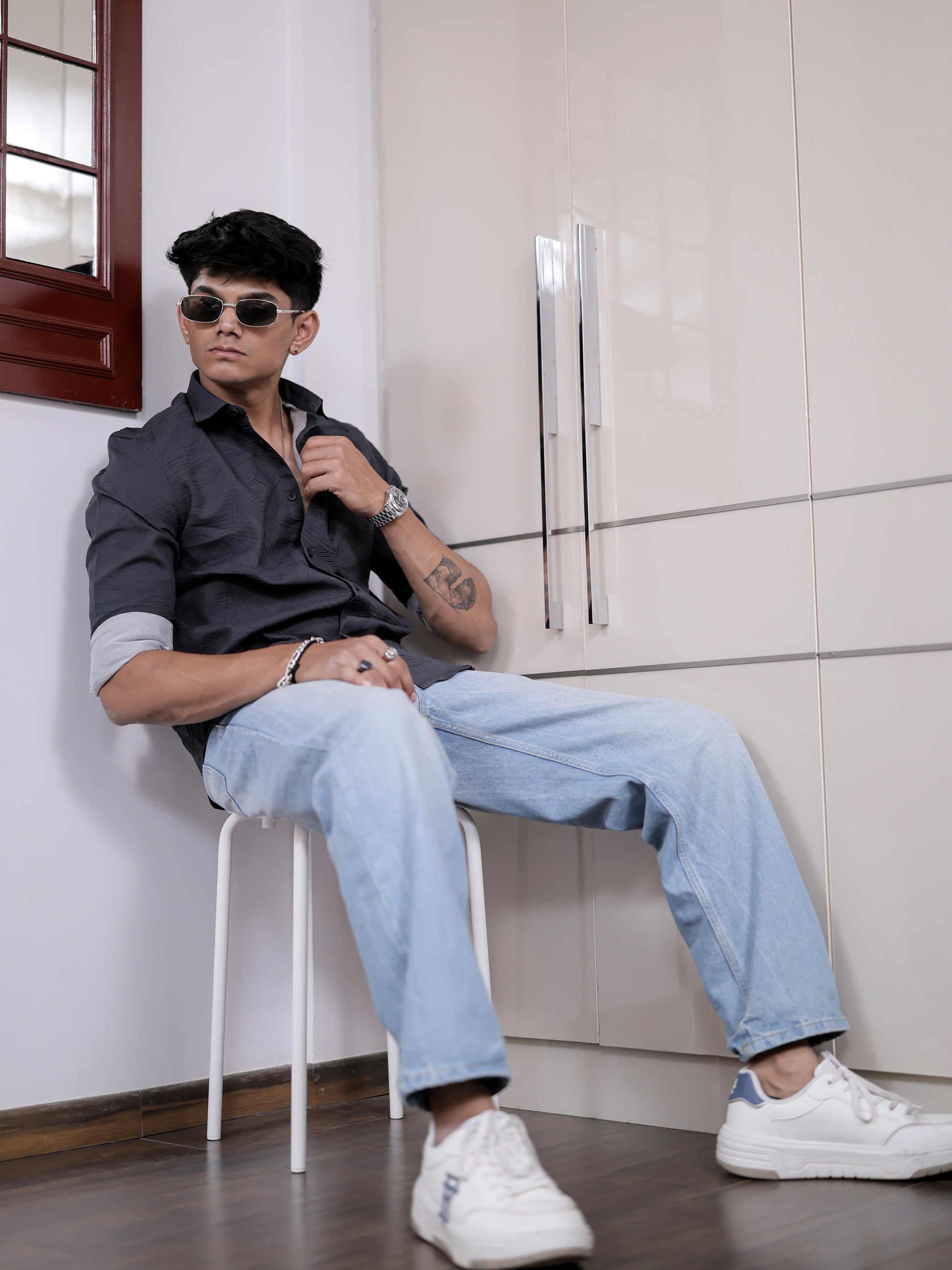 Solid Textured Grey Shirt for Men