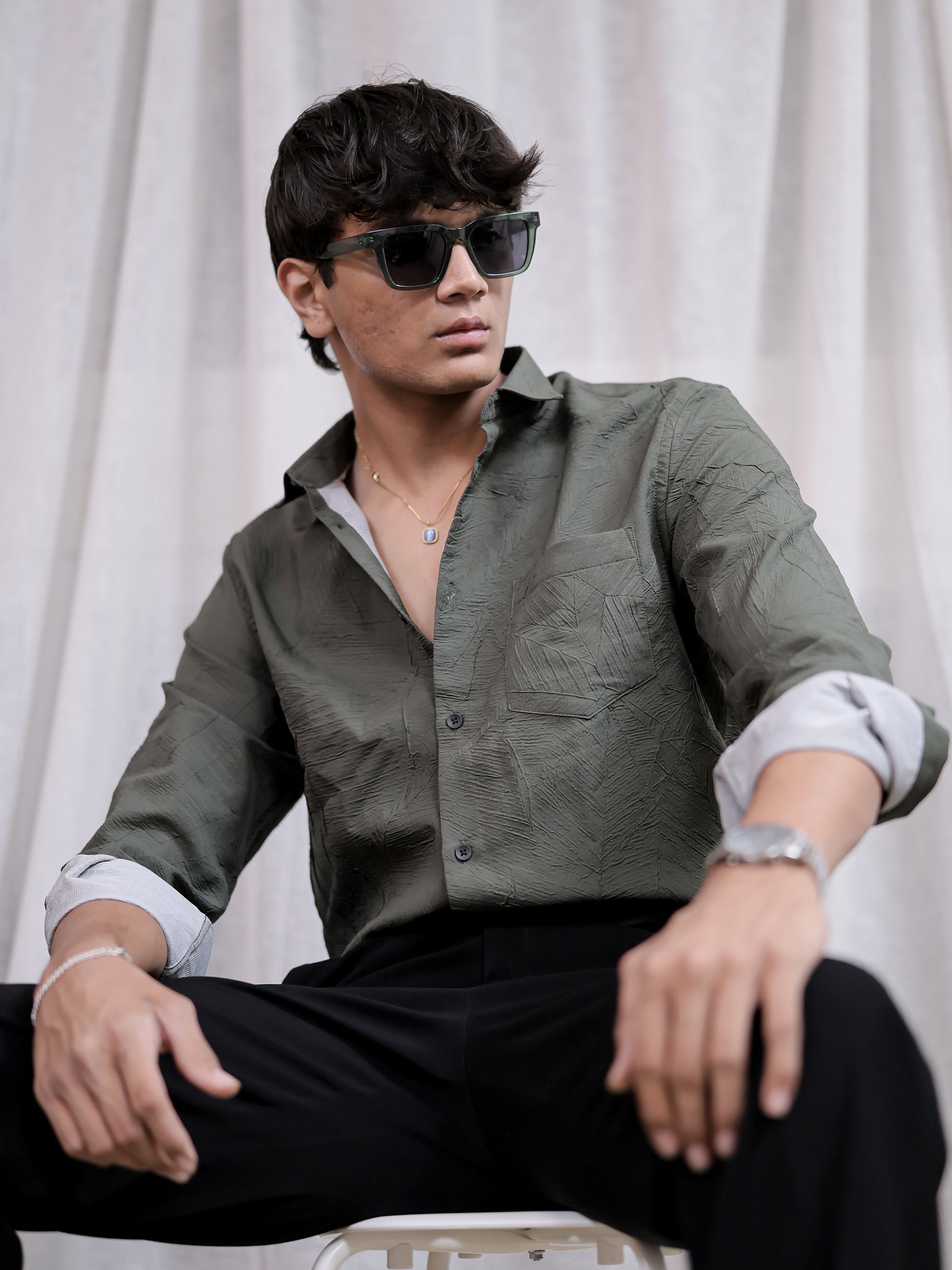 Cement Textured Solid Grey Shirt for Men