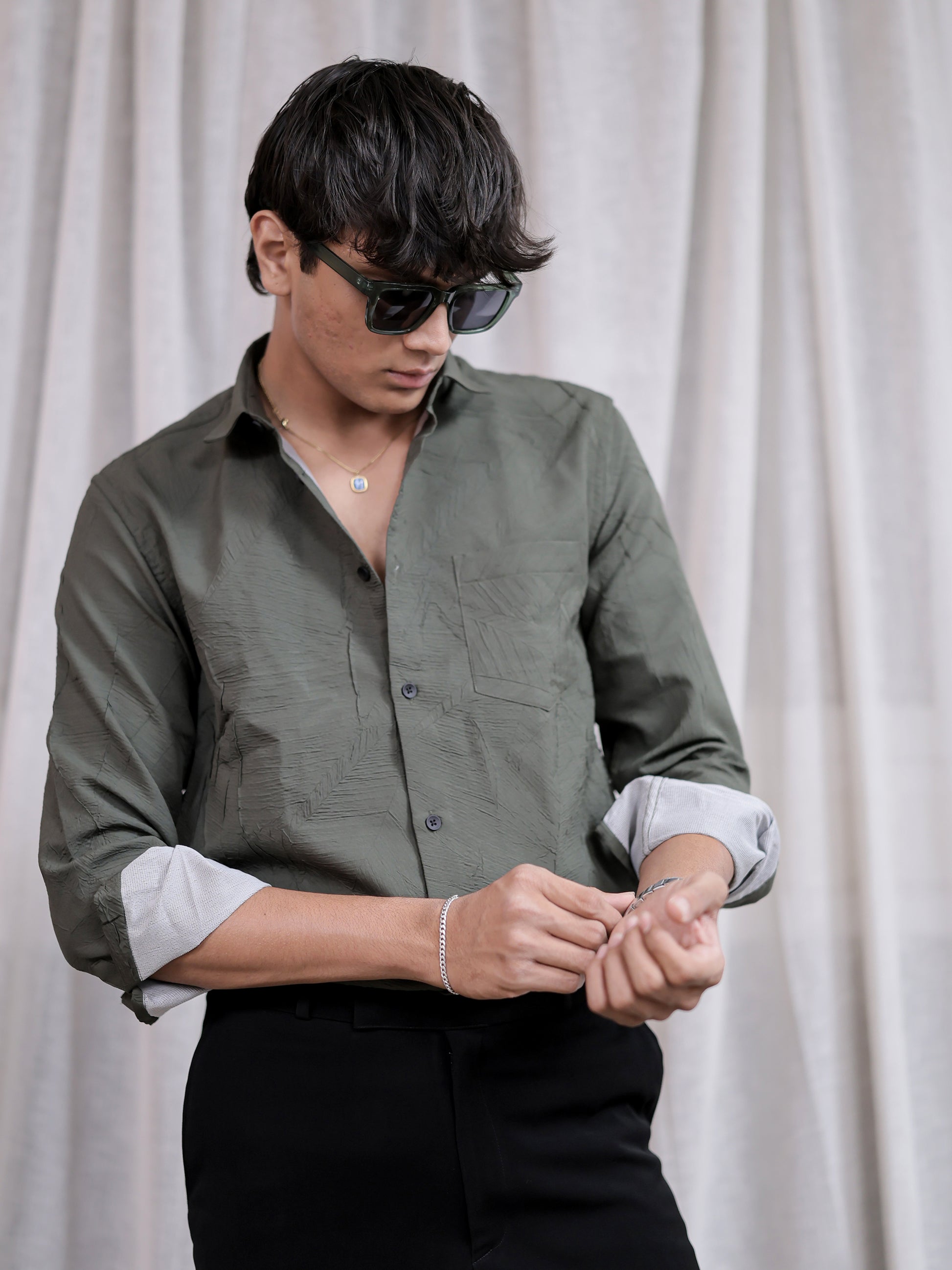 Cement Textured Solid Grey Shirt for Men