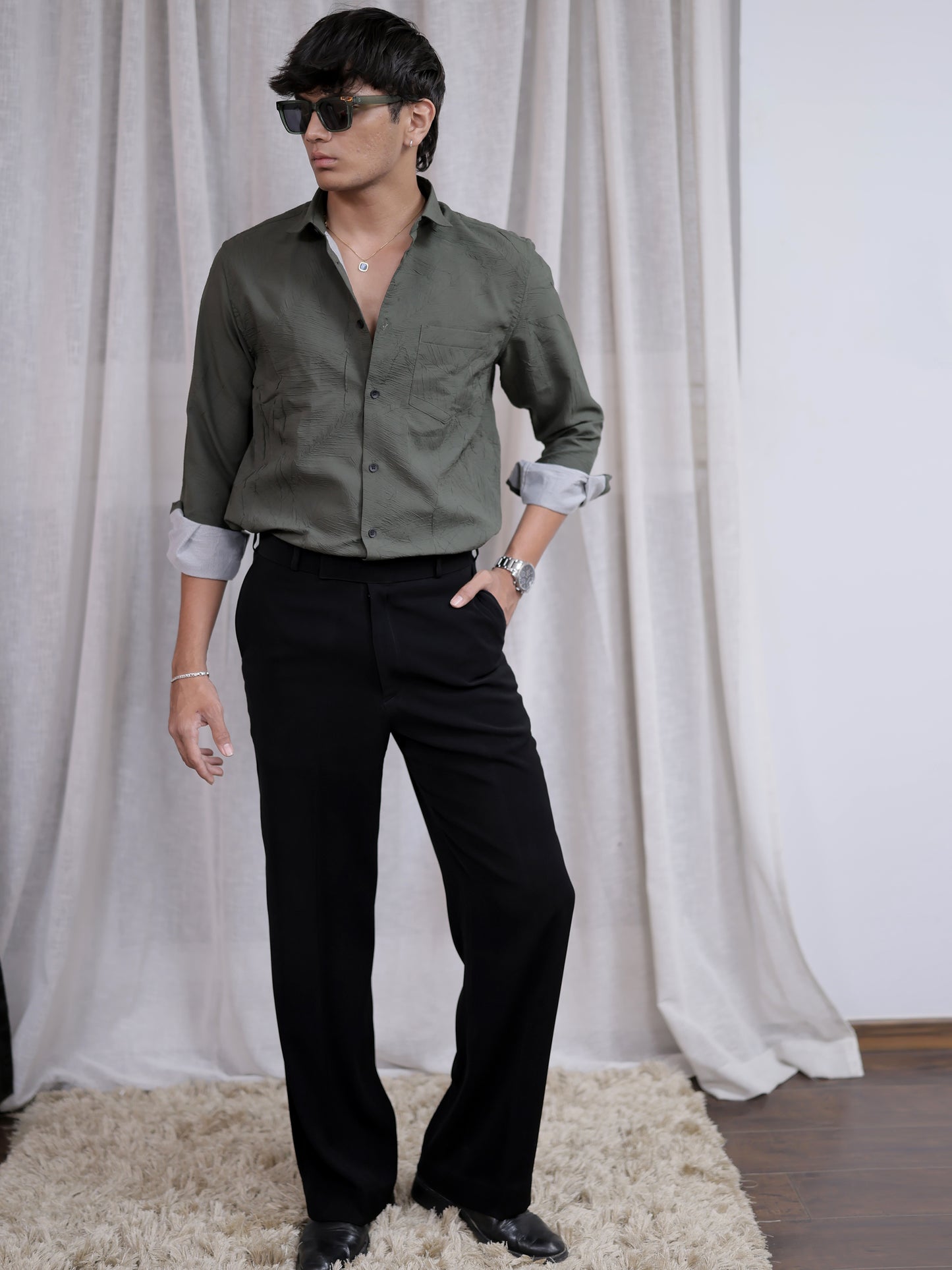 Cement Textured Solid Grey Shirt for Men