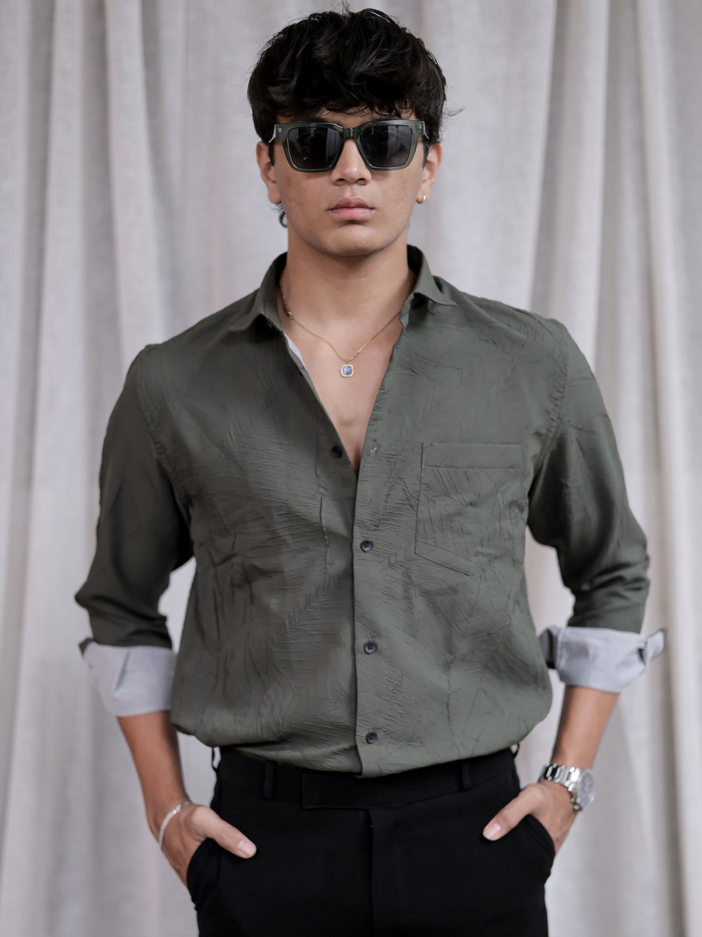 Cement Textured Solid Grey Shirt for Men