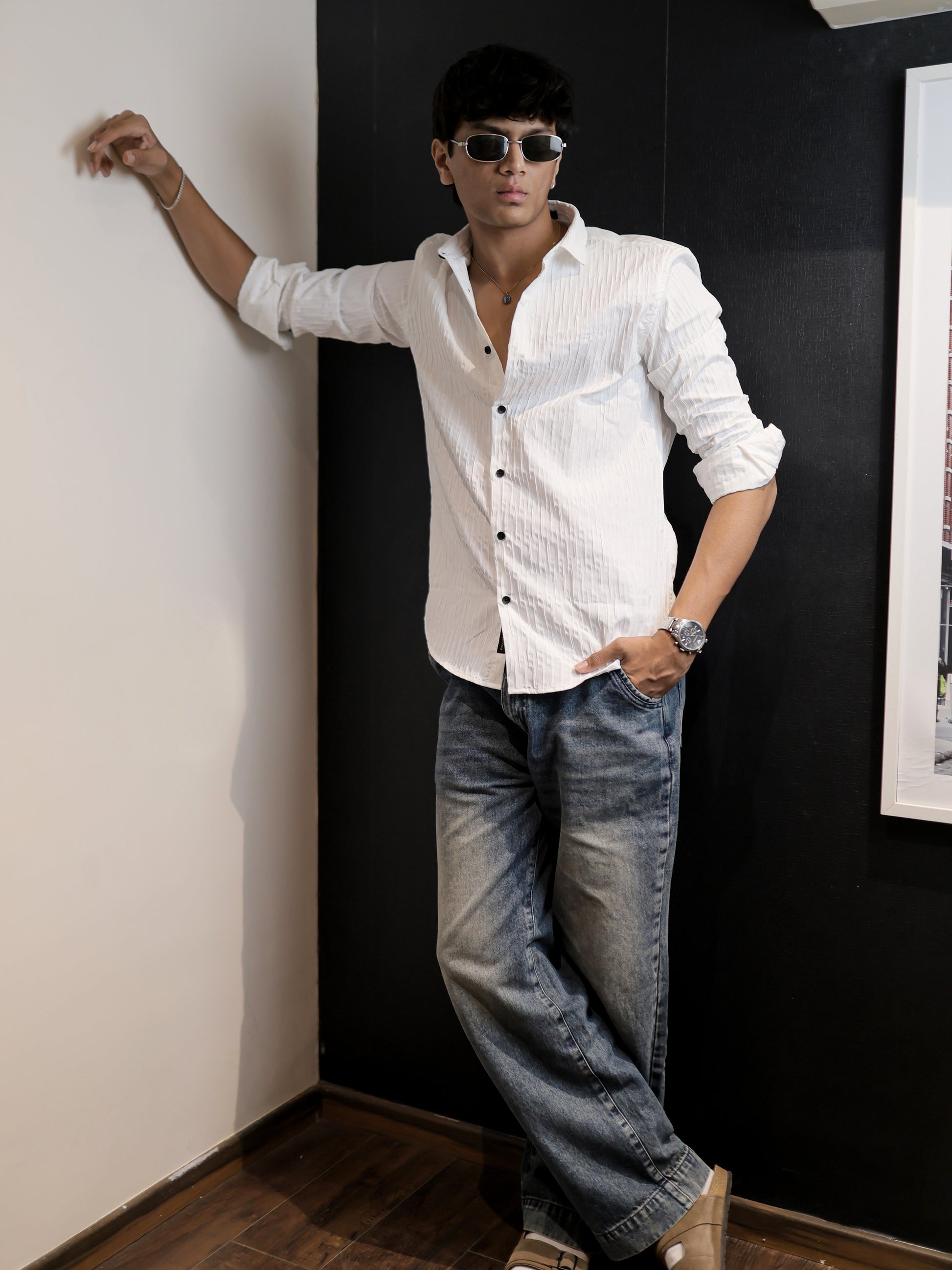 Textured Solid White Shirt for Men