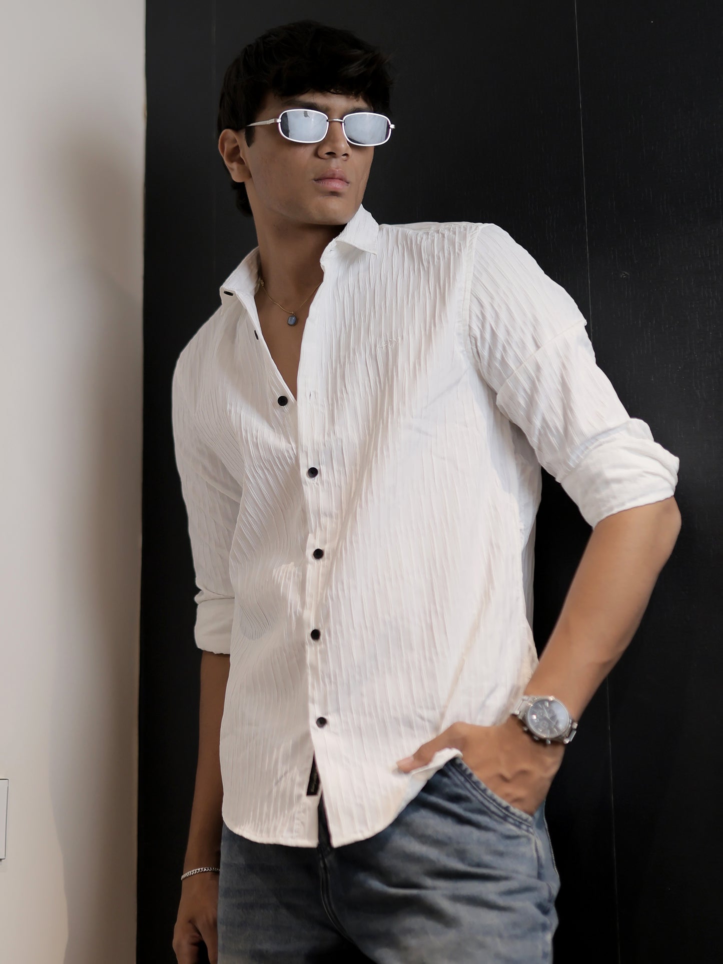 Textured Solid White Shirt for Men
