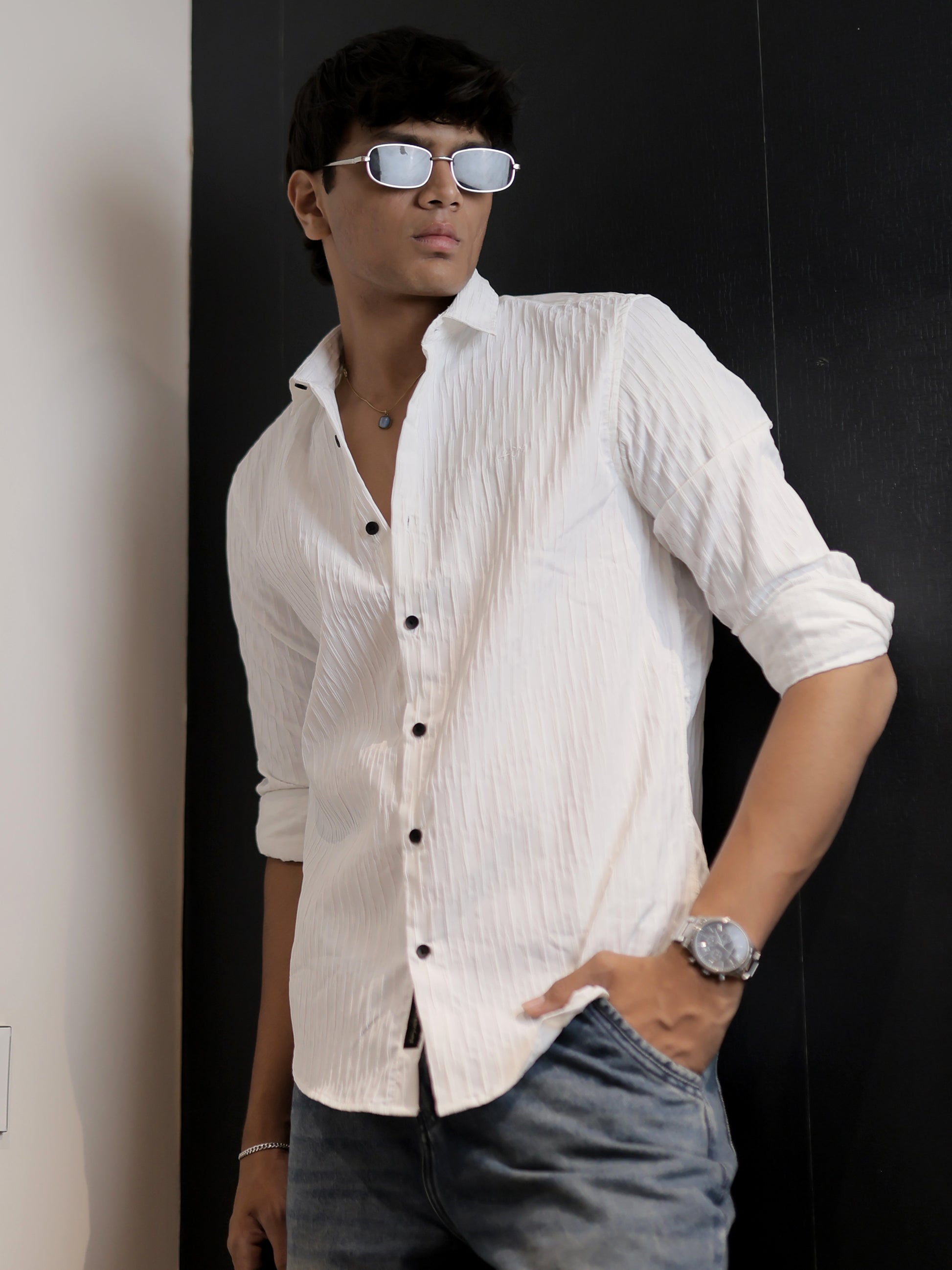 Textured Solid White Shirt for Men