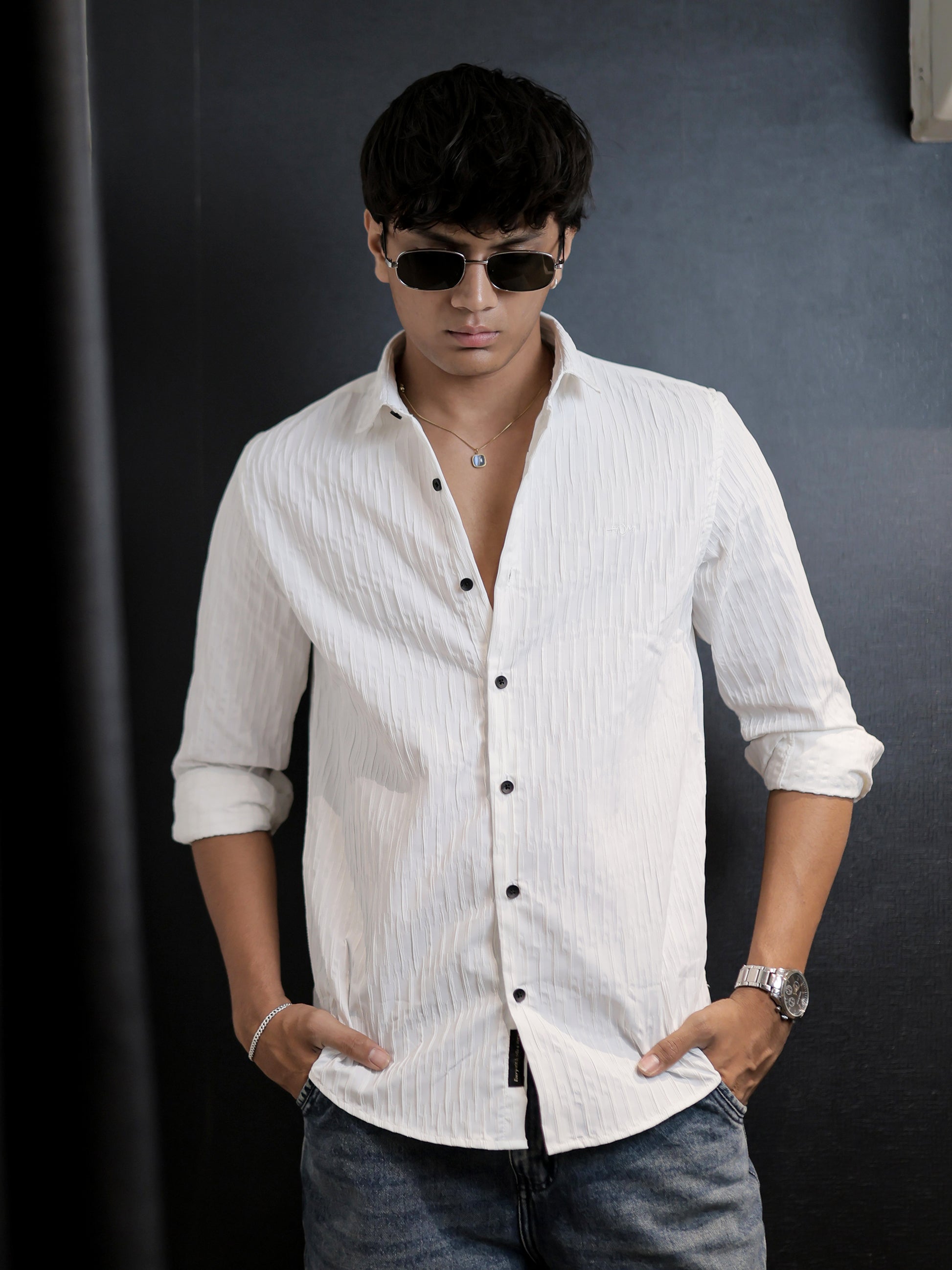 Textured Solid White Shirt for Men