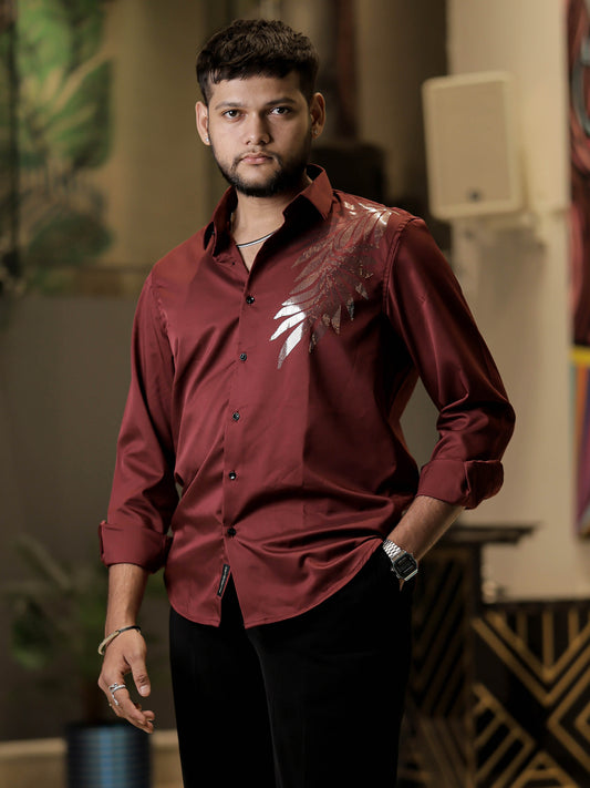 Brick Red Printed Solid Shirt for Men