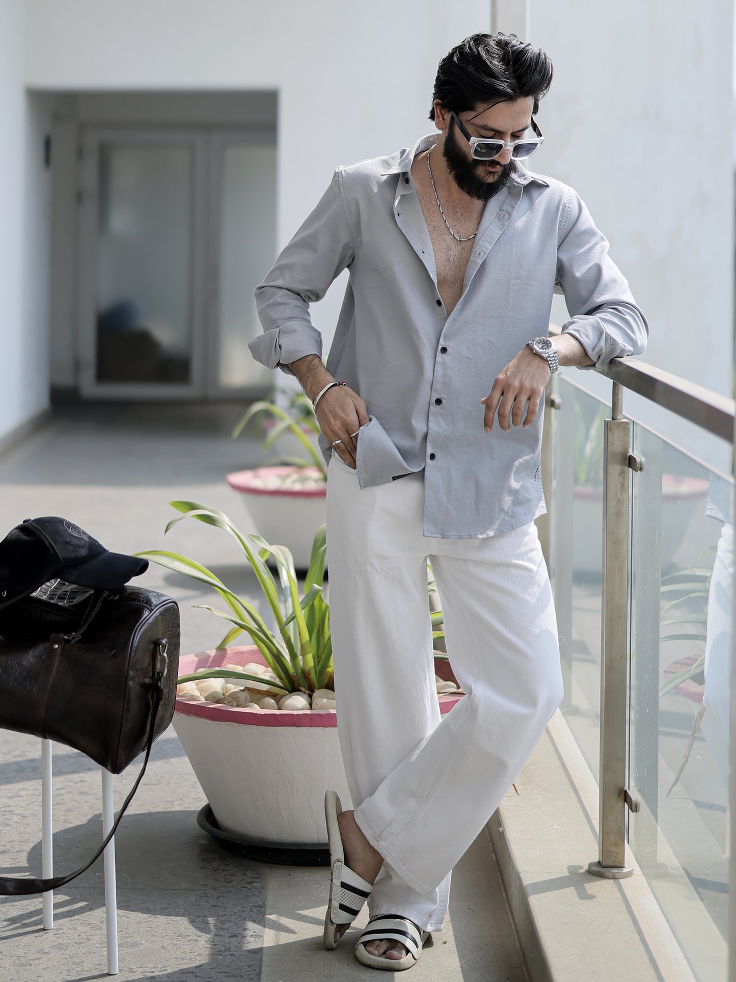 Solid Grey Spread Collar Shirt for Men