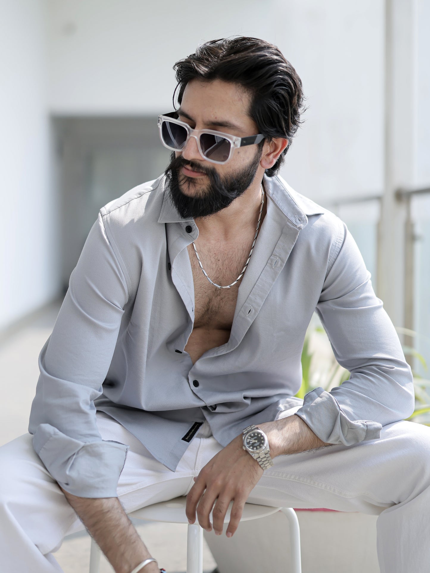 Solid Grey Spread Collar Shirt for Men