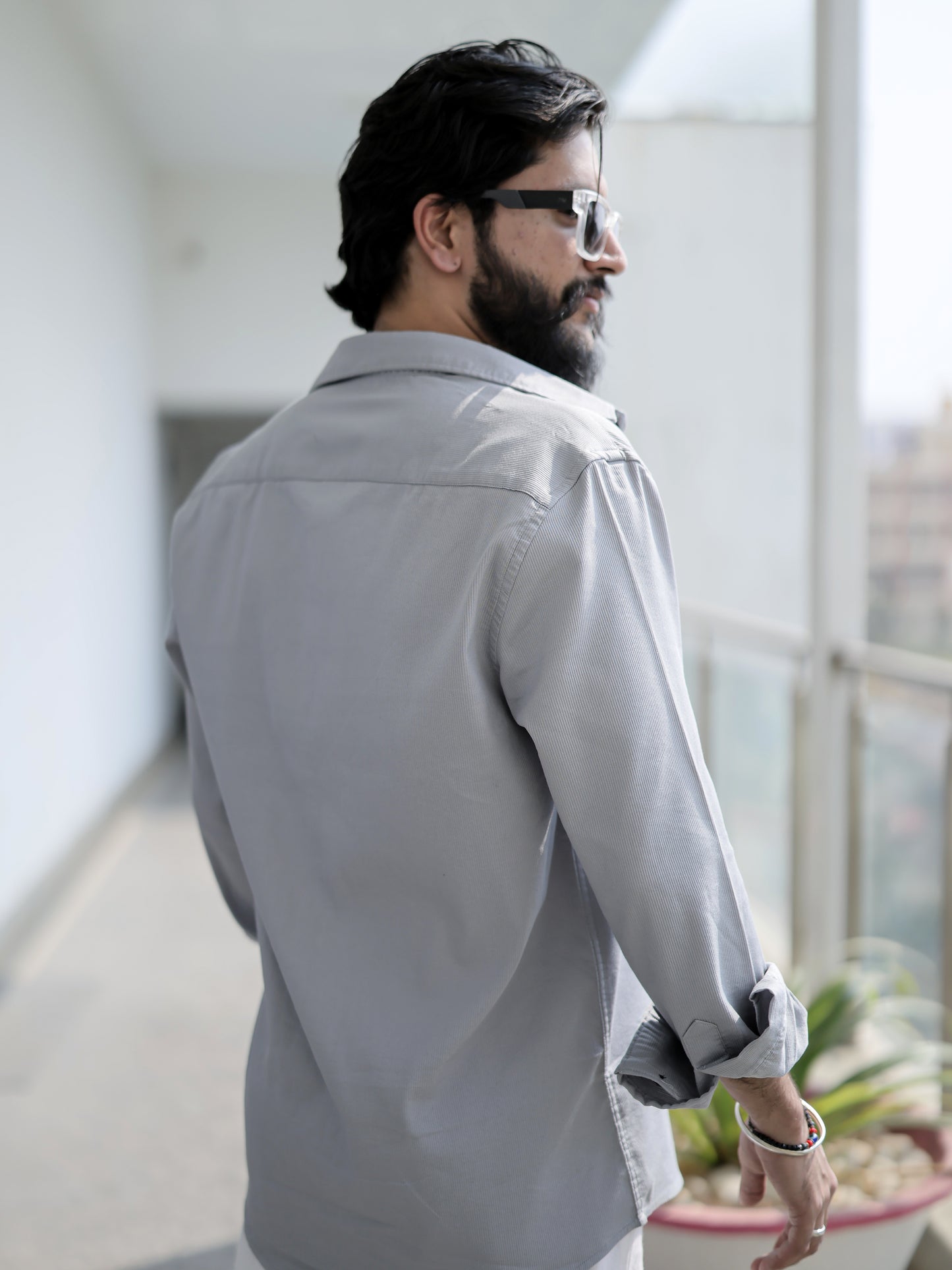 Solid Grey Spread Collar Shirt for Men