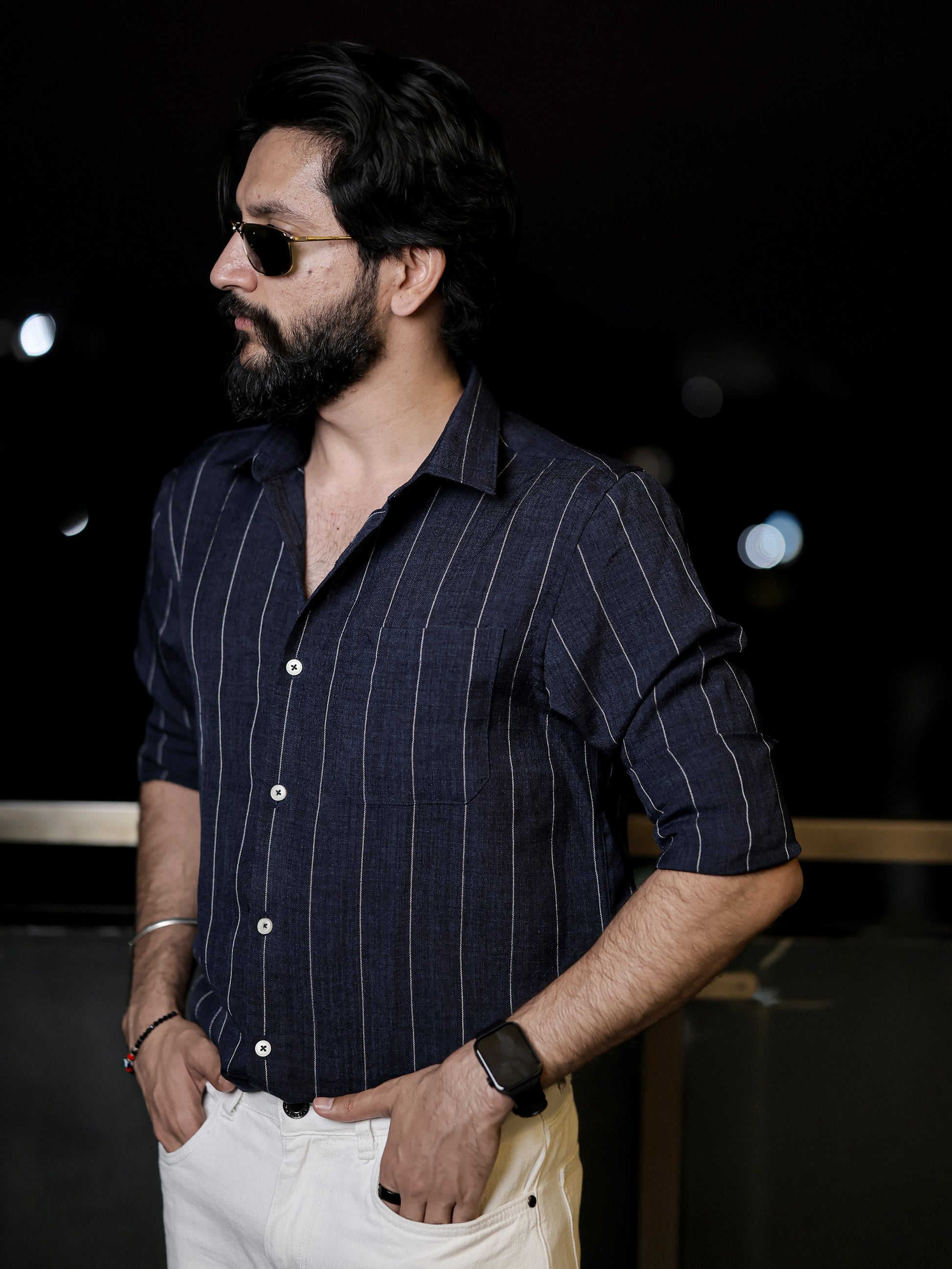 Navy Blue Striped Shirt for Men